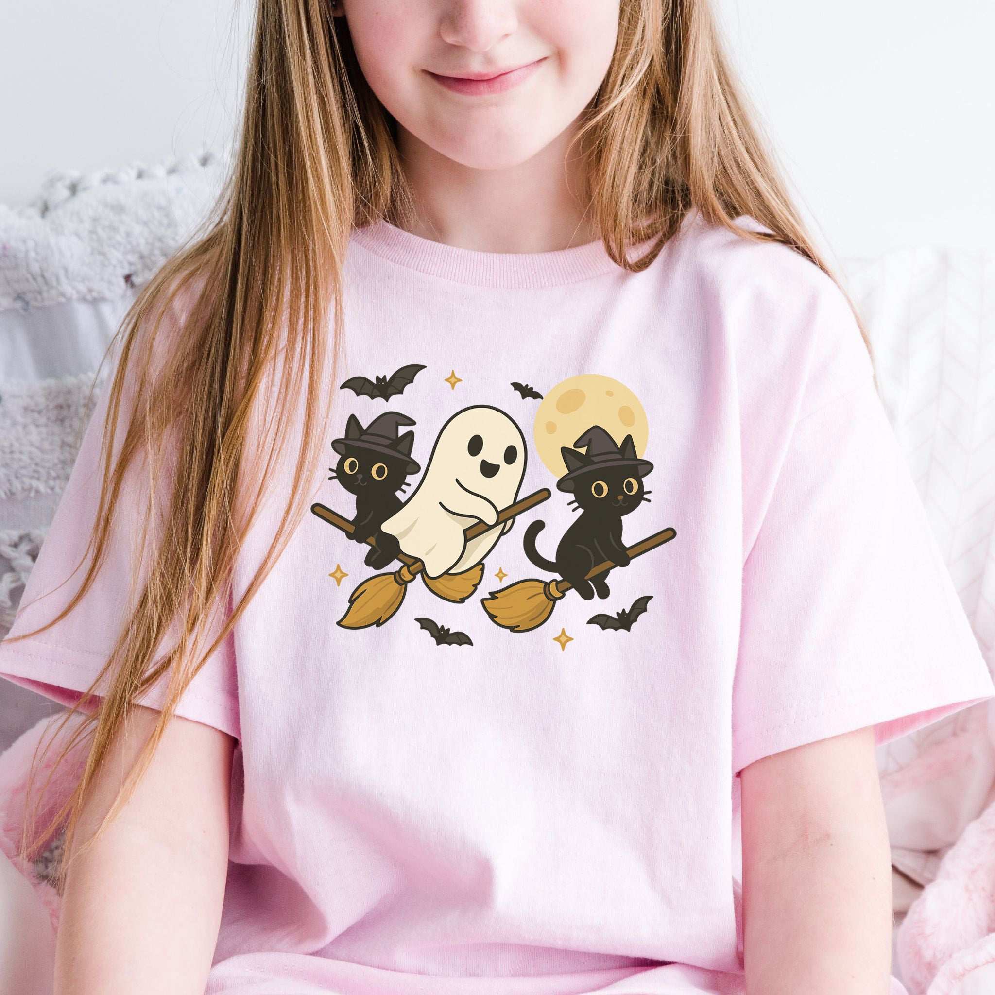 Witchy Ghost & Black Cats Youth Tee – Moonlit Broomstick Mischief Shirt