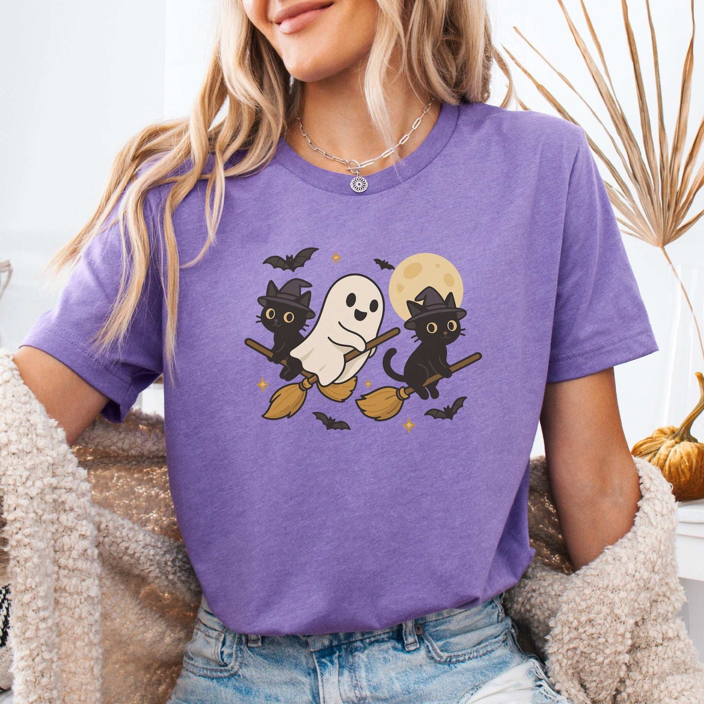 Witchy Ghost & Black Cats T-Shirt – Moonlit Broomstick Mischief Tee