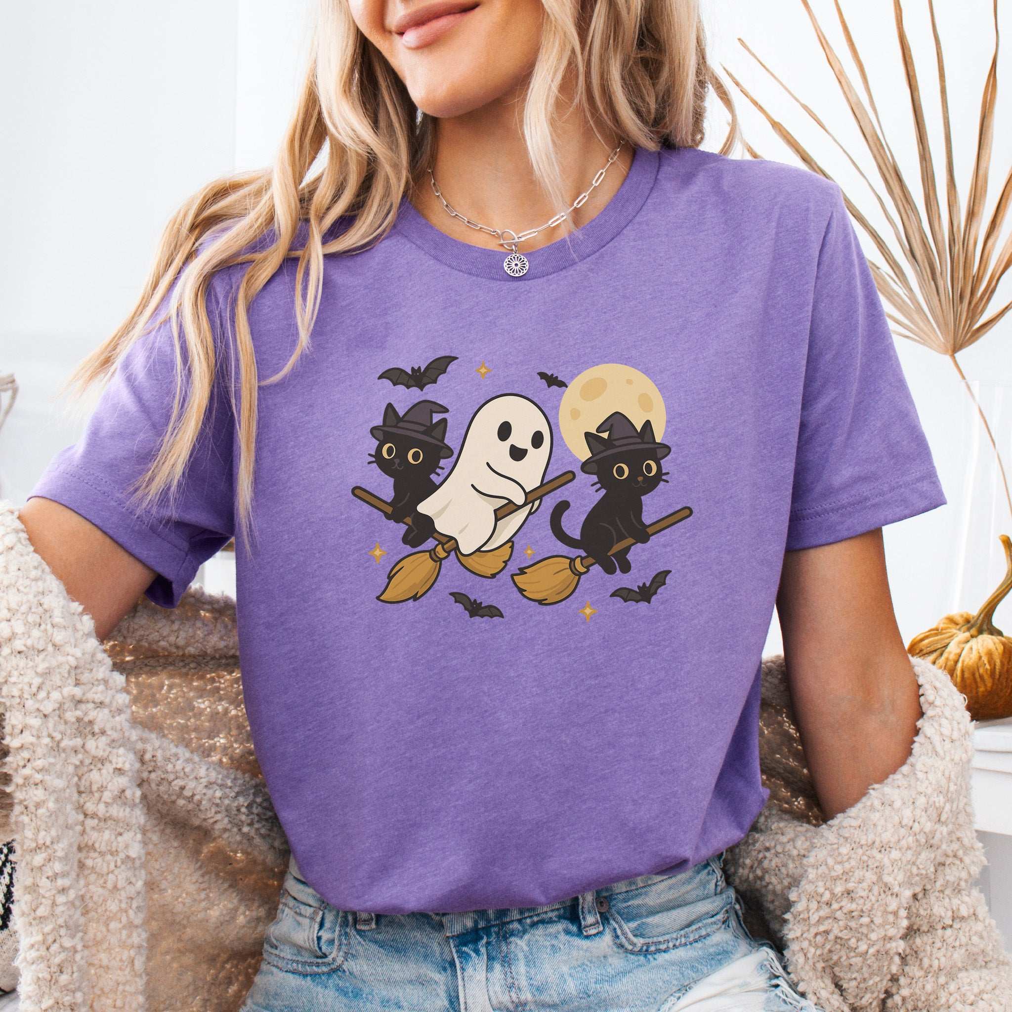 Witchy Ghost & Black Cats T-Shirt – Moonlit Broomstick Mischief Tee