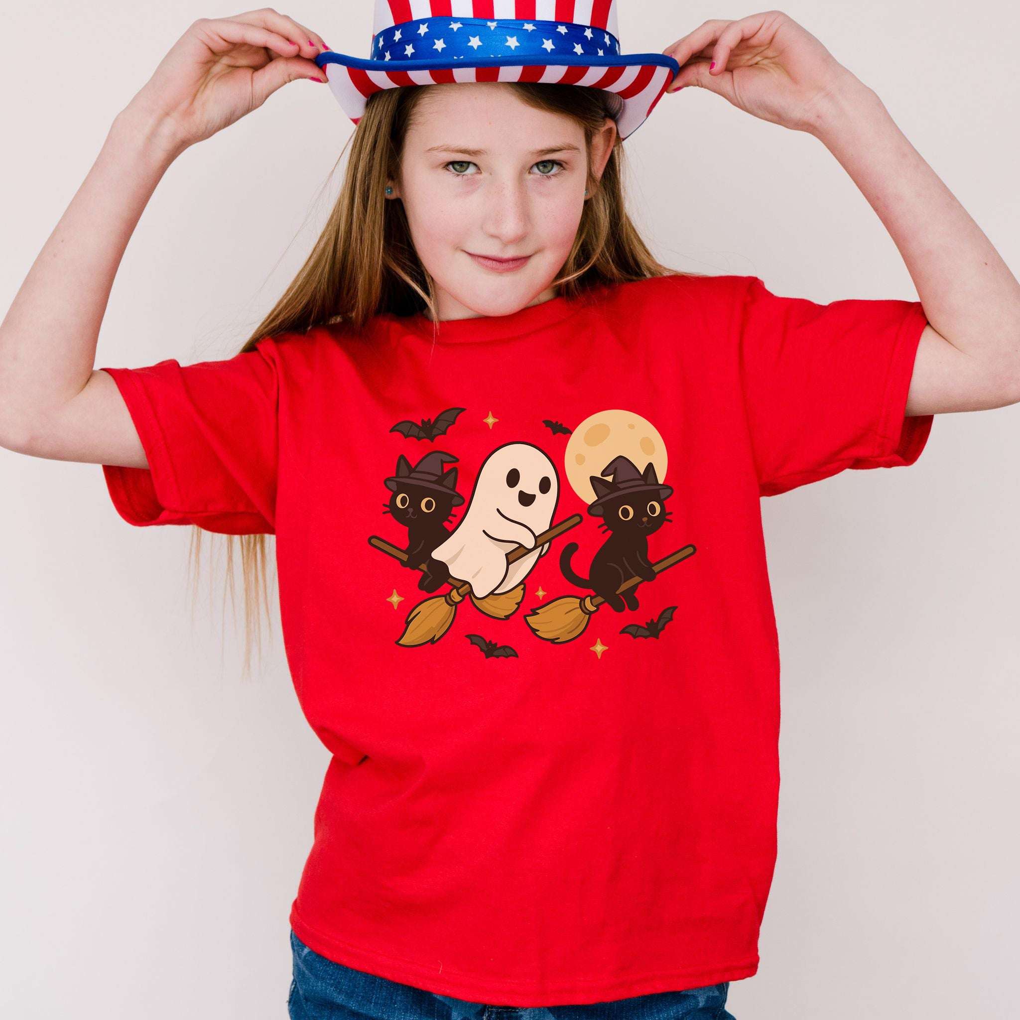 Witchy Ghost & Black Cats Youth Tee – Moonlit Broomstick Mischief Shirt