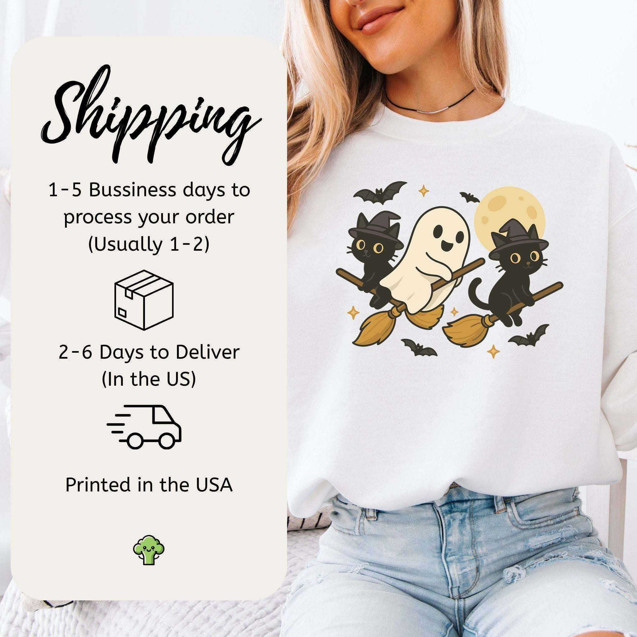 Witchy Ghost & Black Cats Sweatshirt – Moonlit Broomstick Mischief Vibes