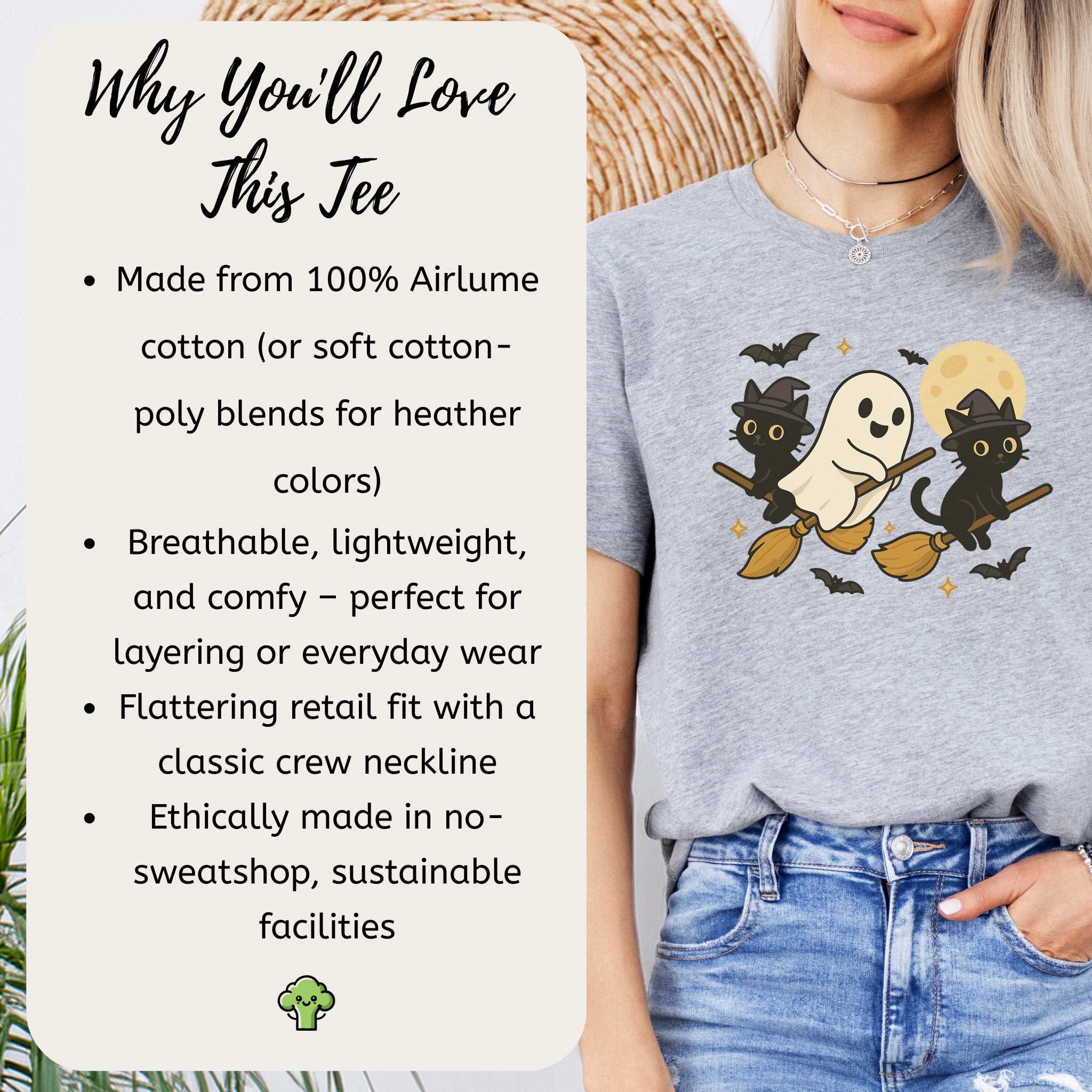 Witchy Ghost & Black Cats T-Shirt – Moonlit Broomstick Mischief Tee