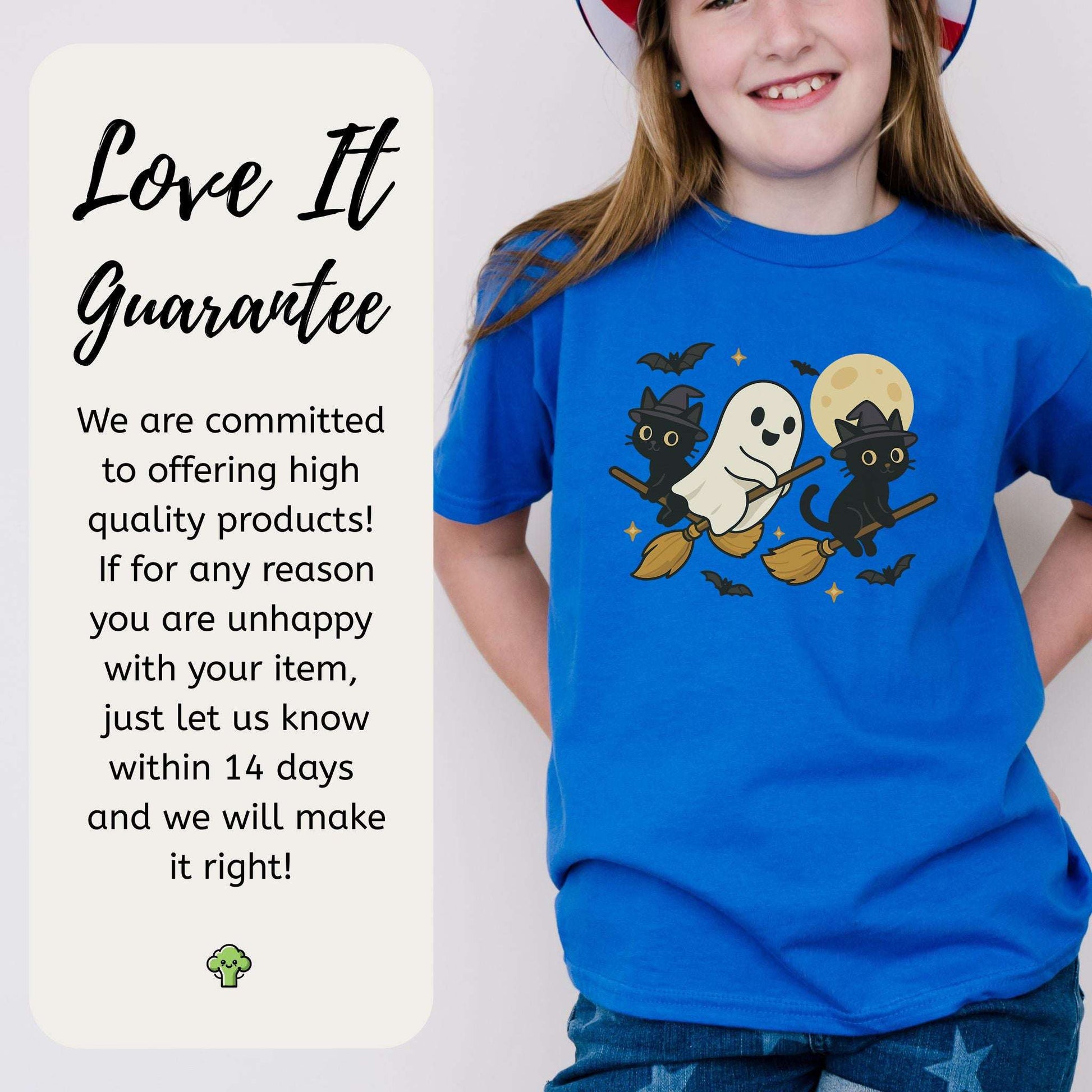Witchy Ghost & Black Cats Youth Tee – Moonlit Broomstick Mischief Shirt