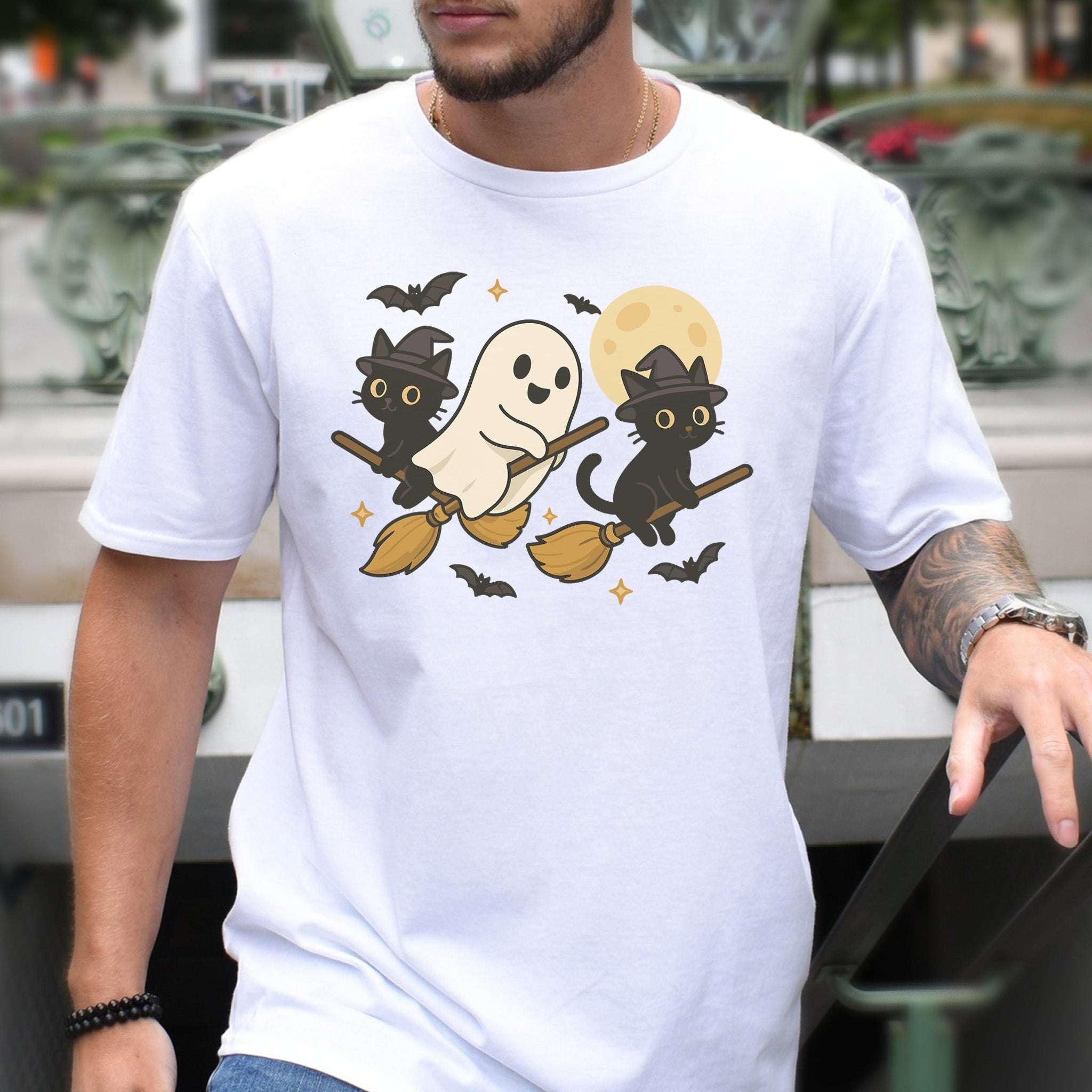 Witchy Ghost & Black Cats T-Shirt – Moonlit Broomstick Mischief Tee