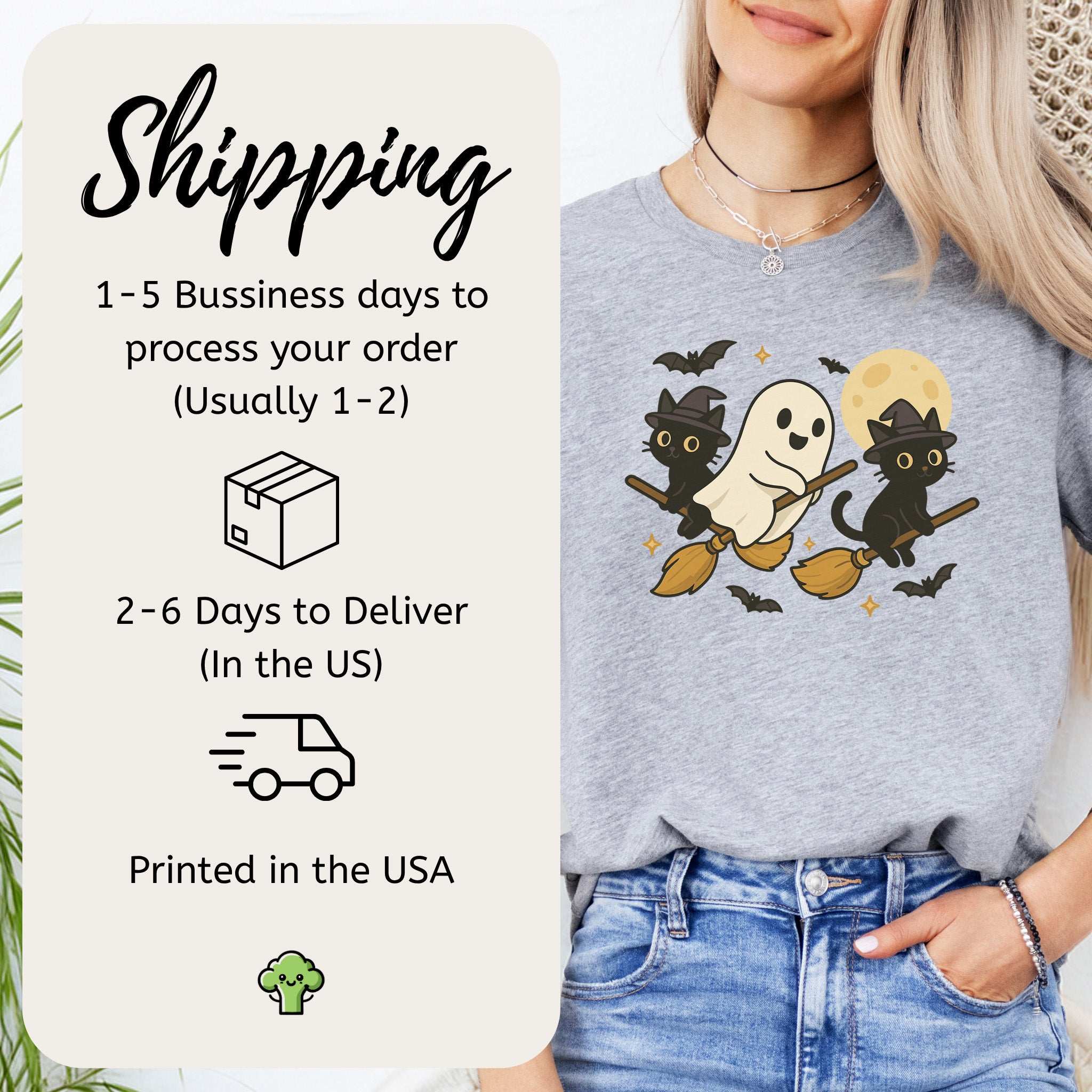 Witchy Ghost & Black Cats T-Shirt – Moonlit Broomstick Mischief Tee