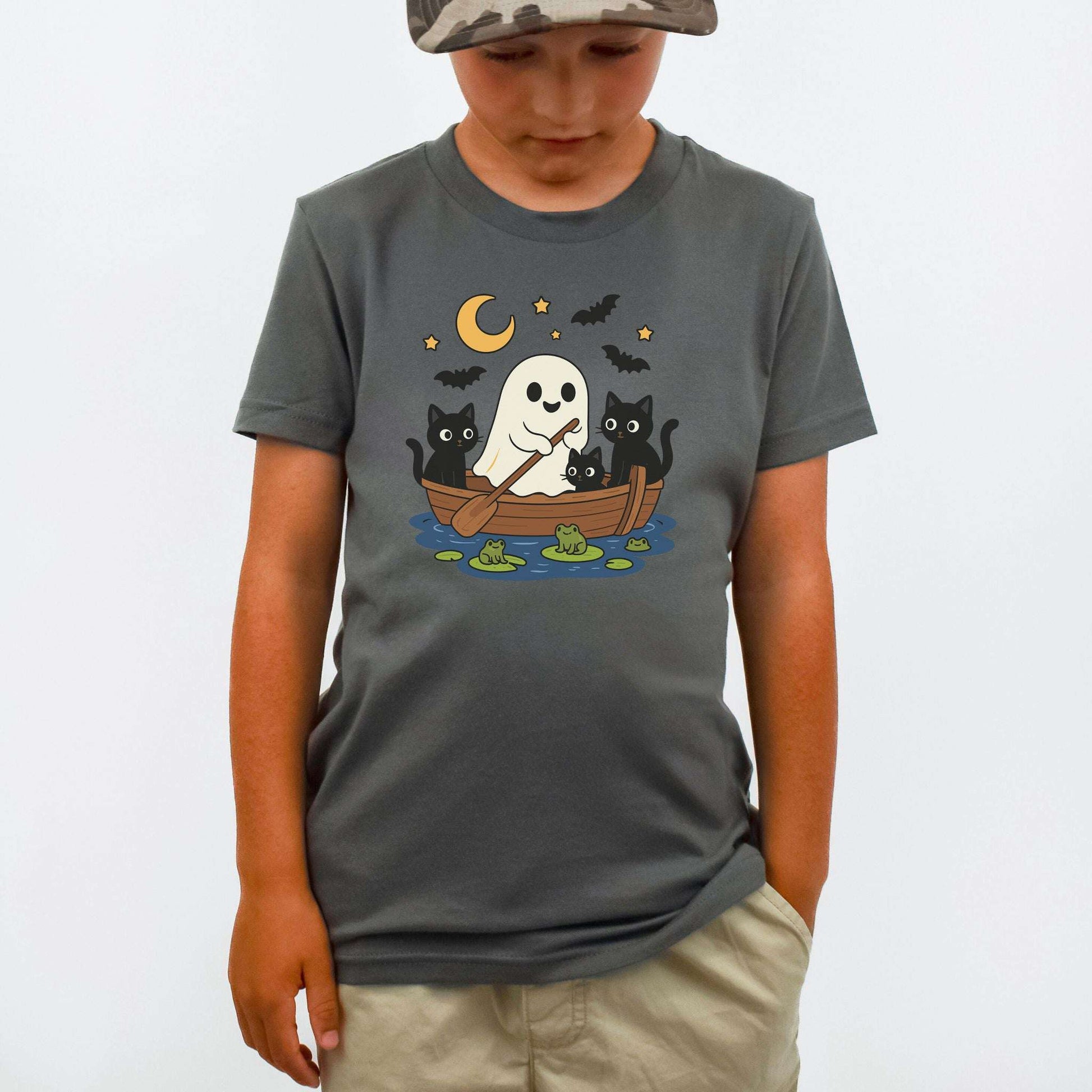 Haunted Lake Ghost & Cats Youth Tee – Spooky Frog Boat & Moonlight Mischief