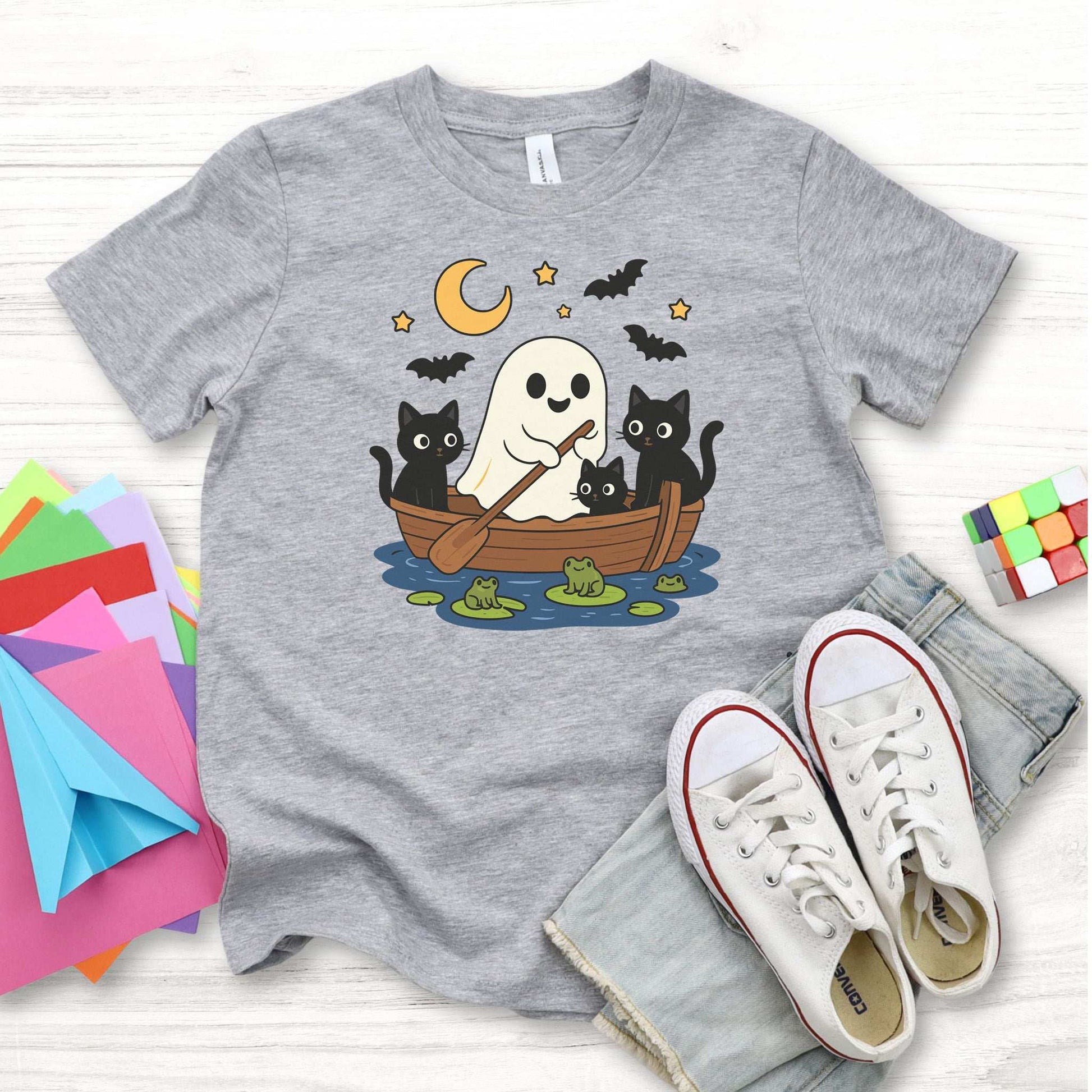 Haunted Lake Ghost & Cats Youth Tee – Spooky Frog Boat & Moonlight Mischief