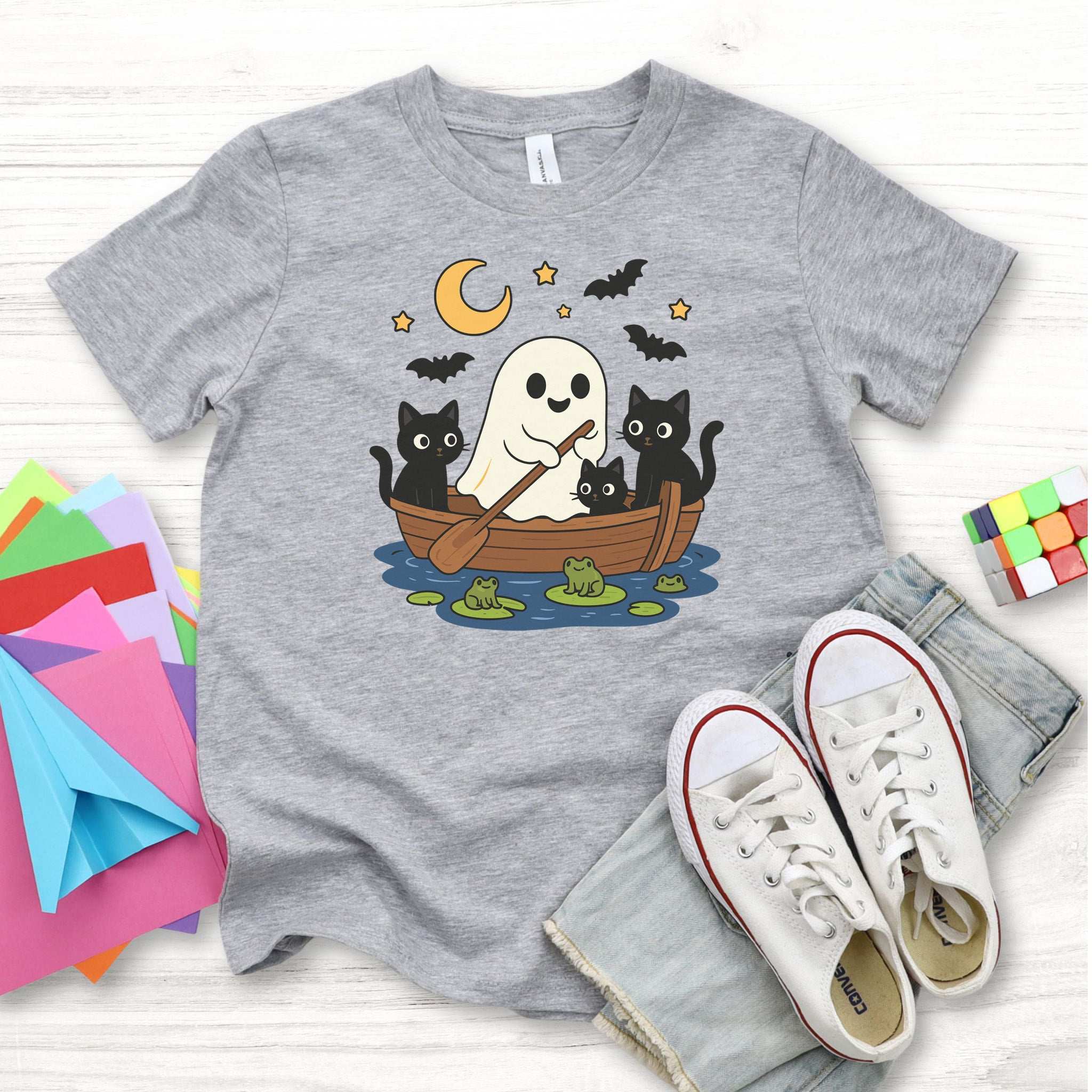 Haunted Lake Ghost & Cats Youth Tee – Spooky Frog Boat & Moonlight Mischief