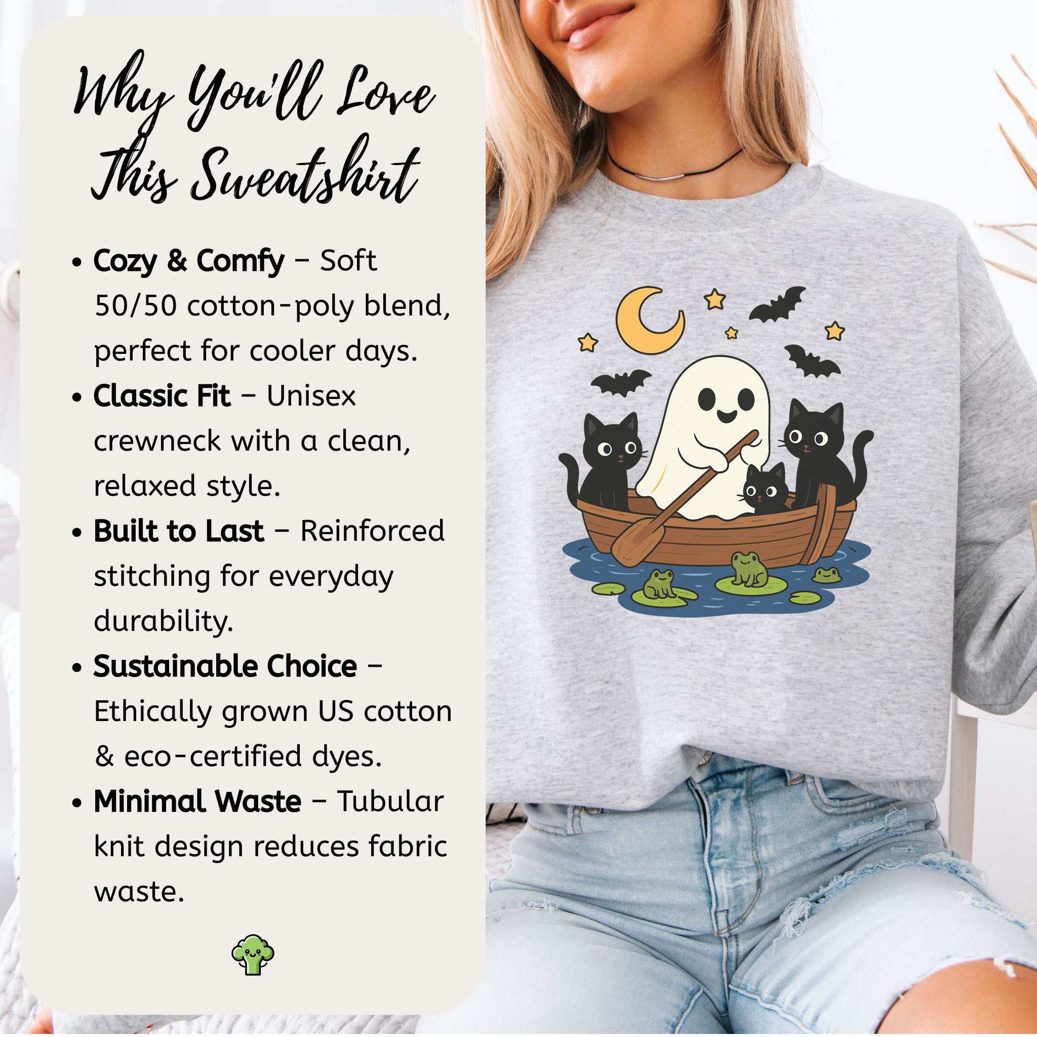 Haunted Lake Ghost & Cats Sweatshirt – Spooky Frogs & Moonlight Rowboat Vibes