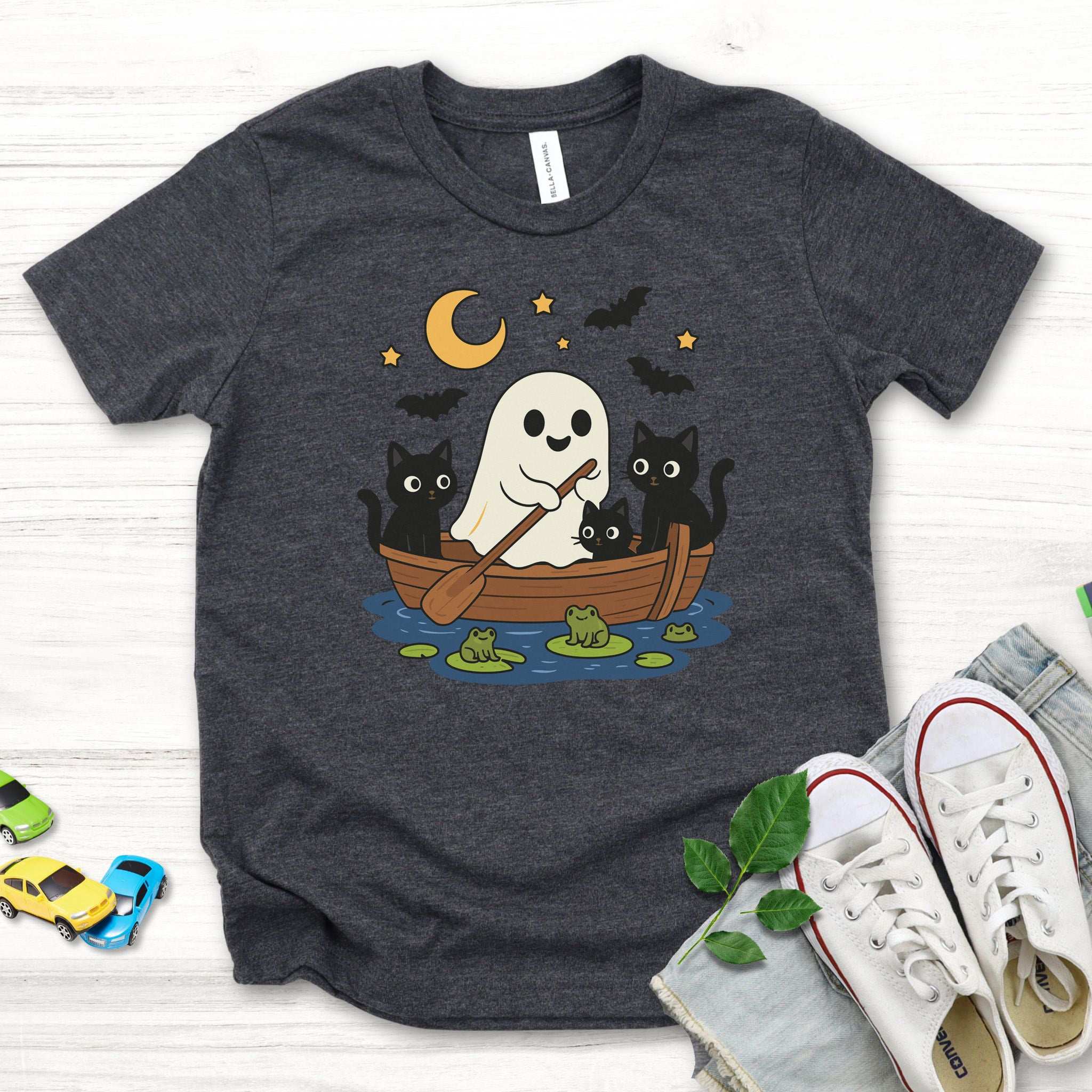 Haunted Lake Ghost & Cats Youth Tee – Spooky Frog Boat & Moonlight Mischief