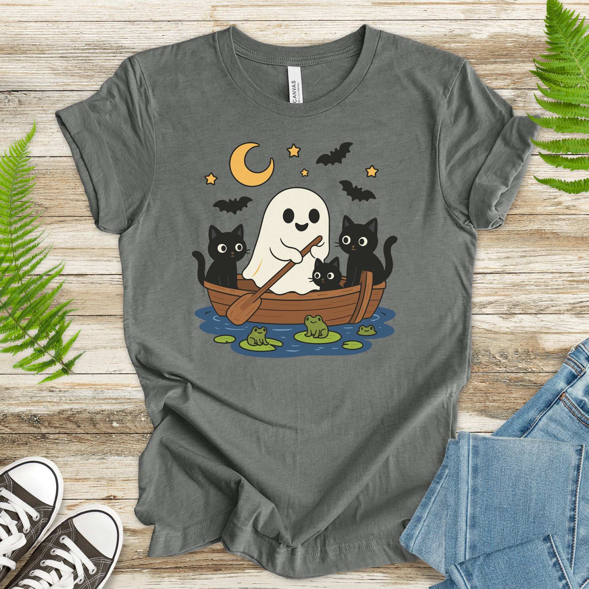 Haunted Lake Ghost & Cats T-Shirt – Spooky Frogs & Moonlight Rowboat Tee