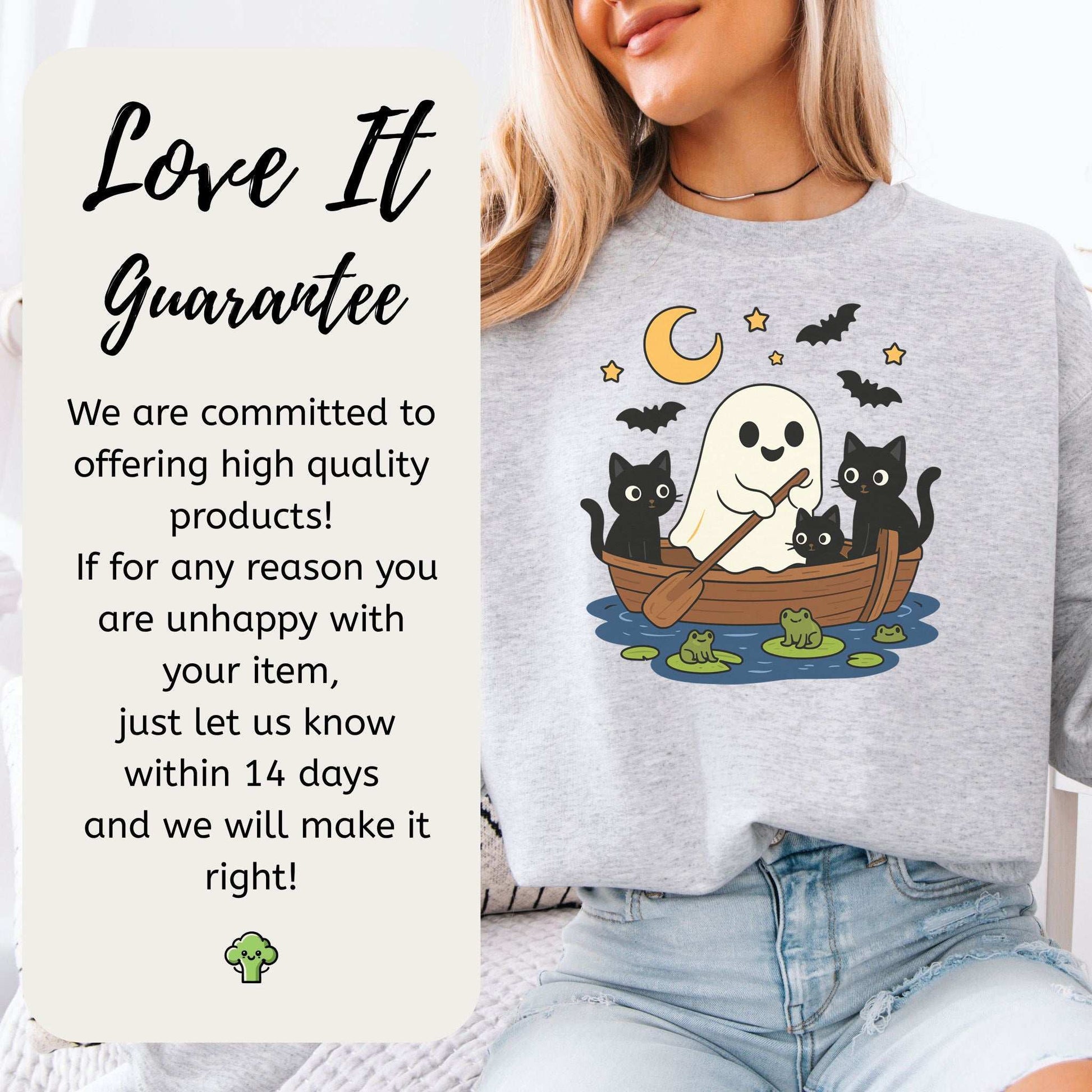 Haunted Lake Ghost & Cats Sweatshirt – Spooky Frogs & Moonlight Rowboat Vibes