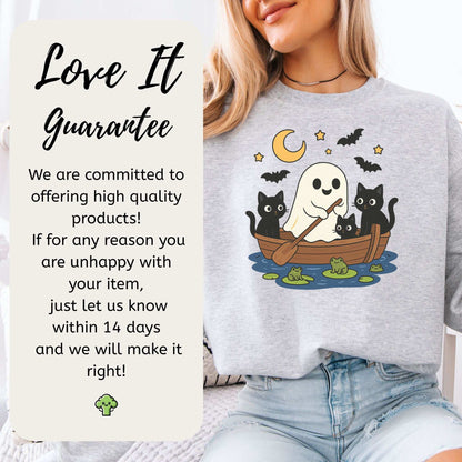 Haunted Lake Ghost & Cats Sweatshirt – Spooky Frogs & Moonlight Rowboat Vibes