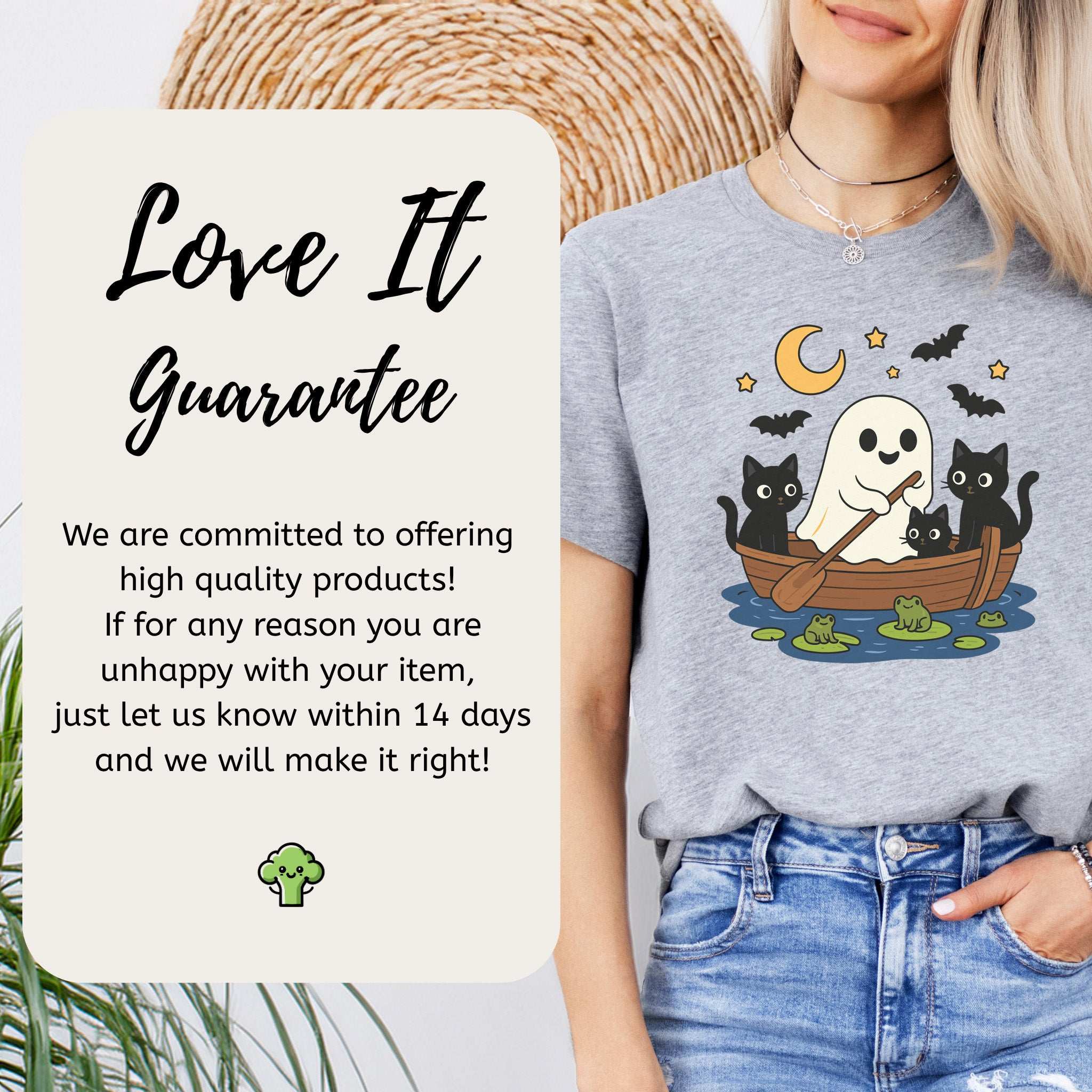 Haunted Lake Ghost & Cats T-Shirt – Spooky Frogs & Moonlight Rowboat Tee