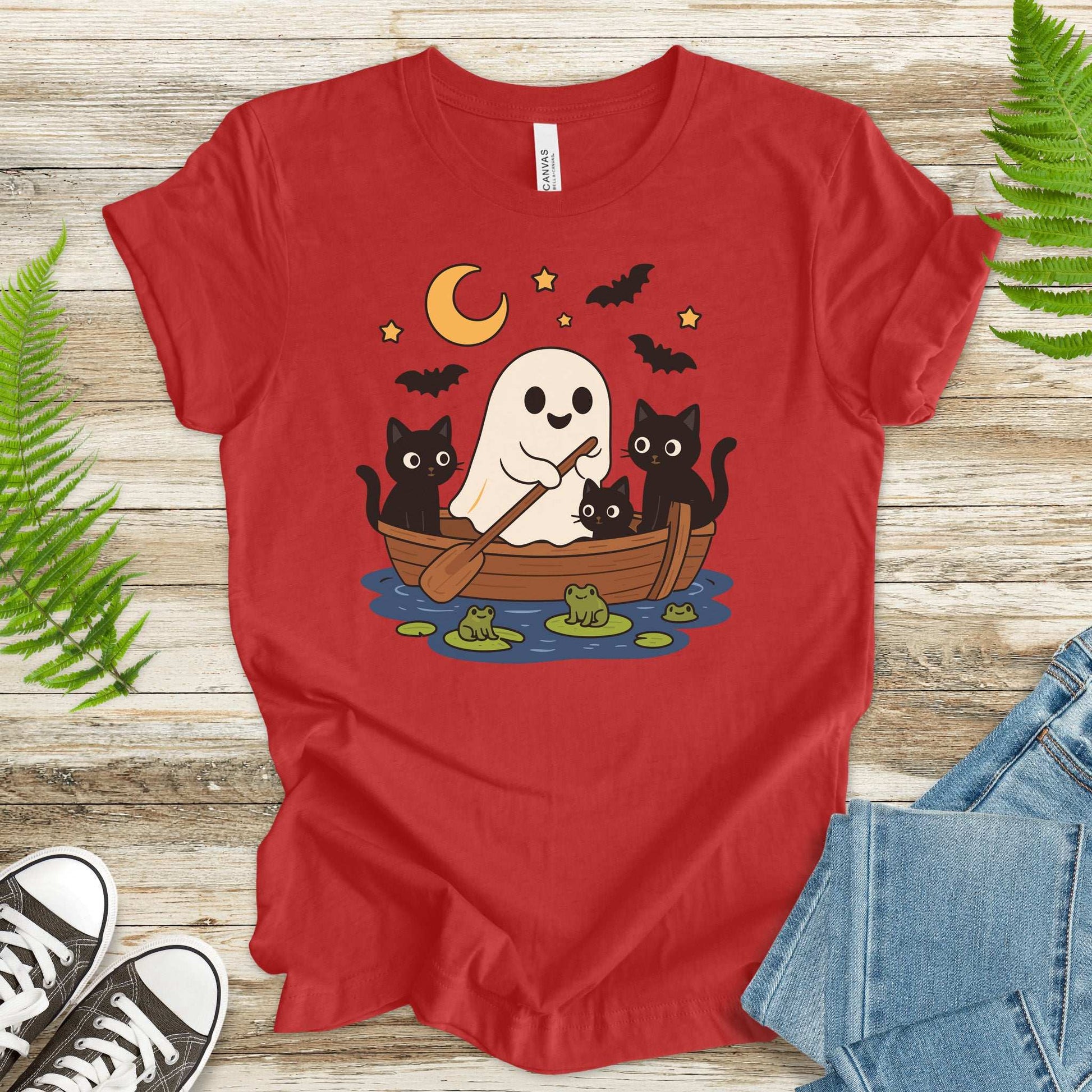 Haunted Lake Ghost & Cats T-Shirt – Spooky Frogs & Moonlight Rowboat Tee