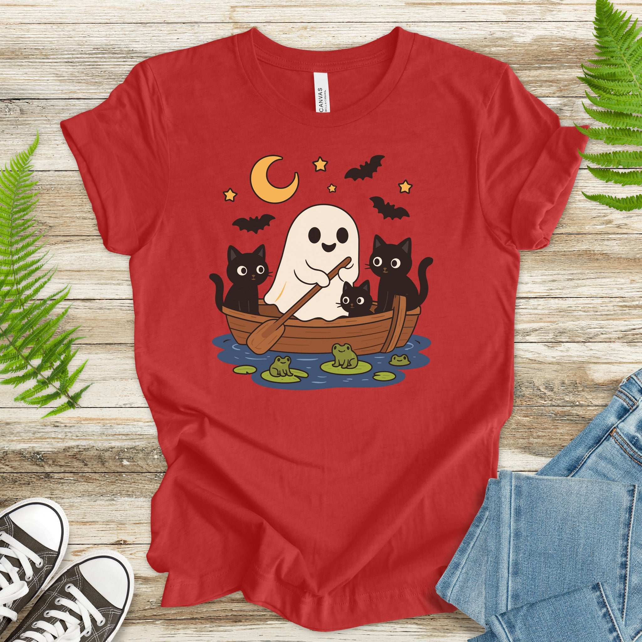 Haunted Lake Ghost & Cats T-Shirt – Spooky Frogs & Moonlight Rowboat Tee