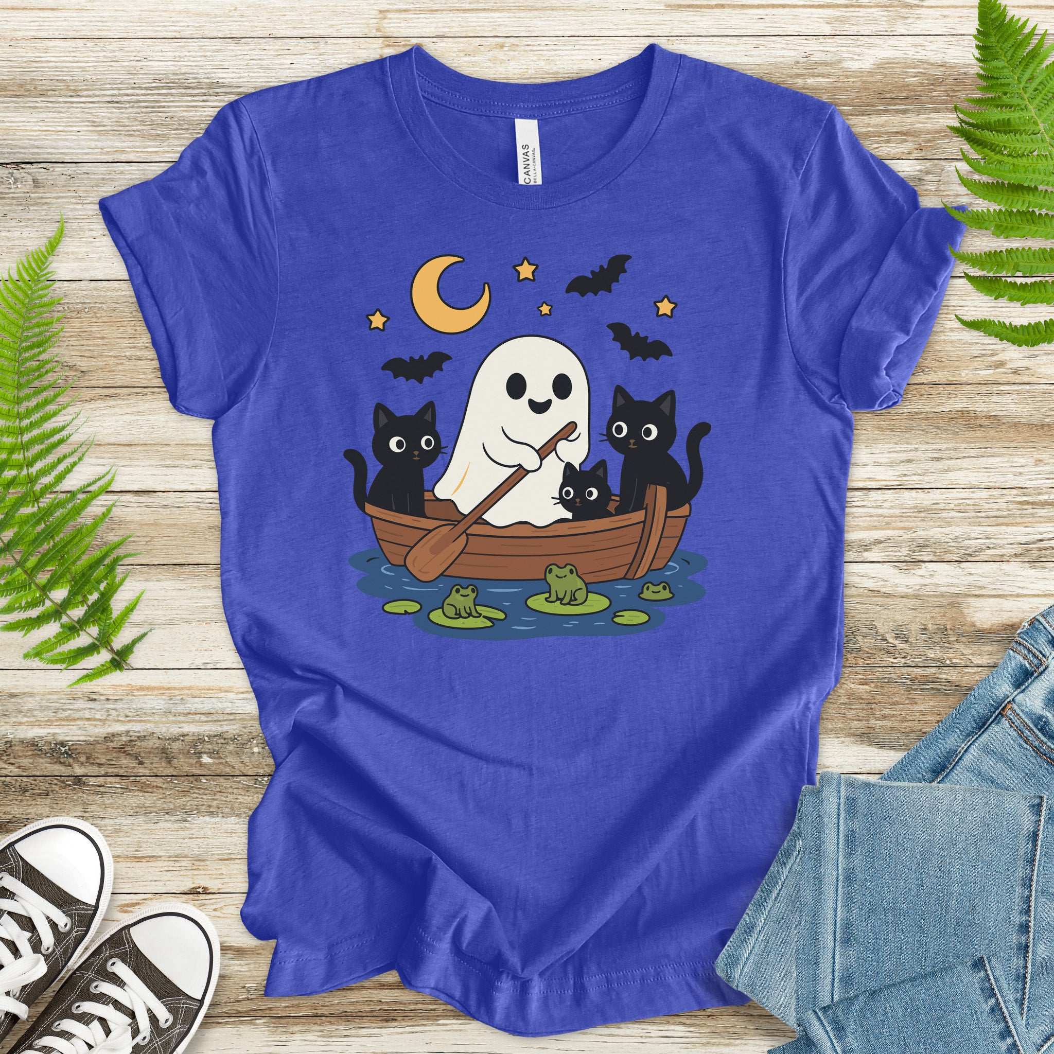 Haunted Lake Ghost & Cats T-Shirt – Spooky Frogs & Moonlight Rowboat Tee