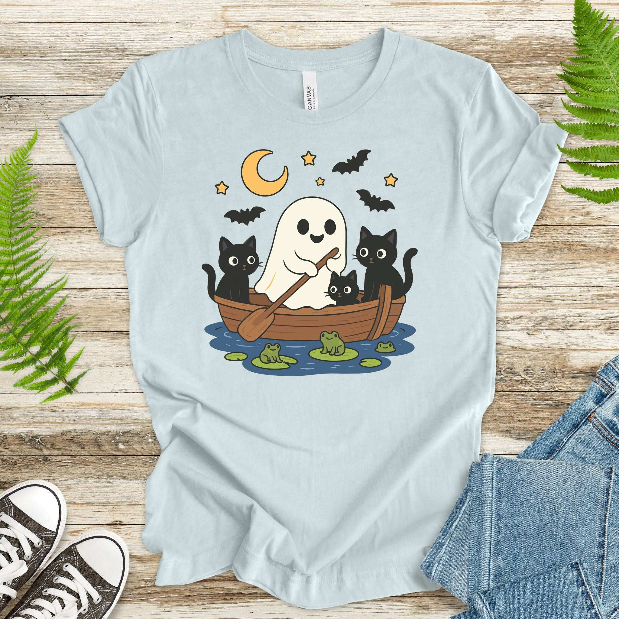 Haunted Lake Ghost & Cats T-Shirt – Spooky Frogs & Moonlight Rowboat Tee