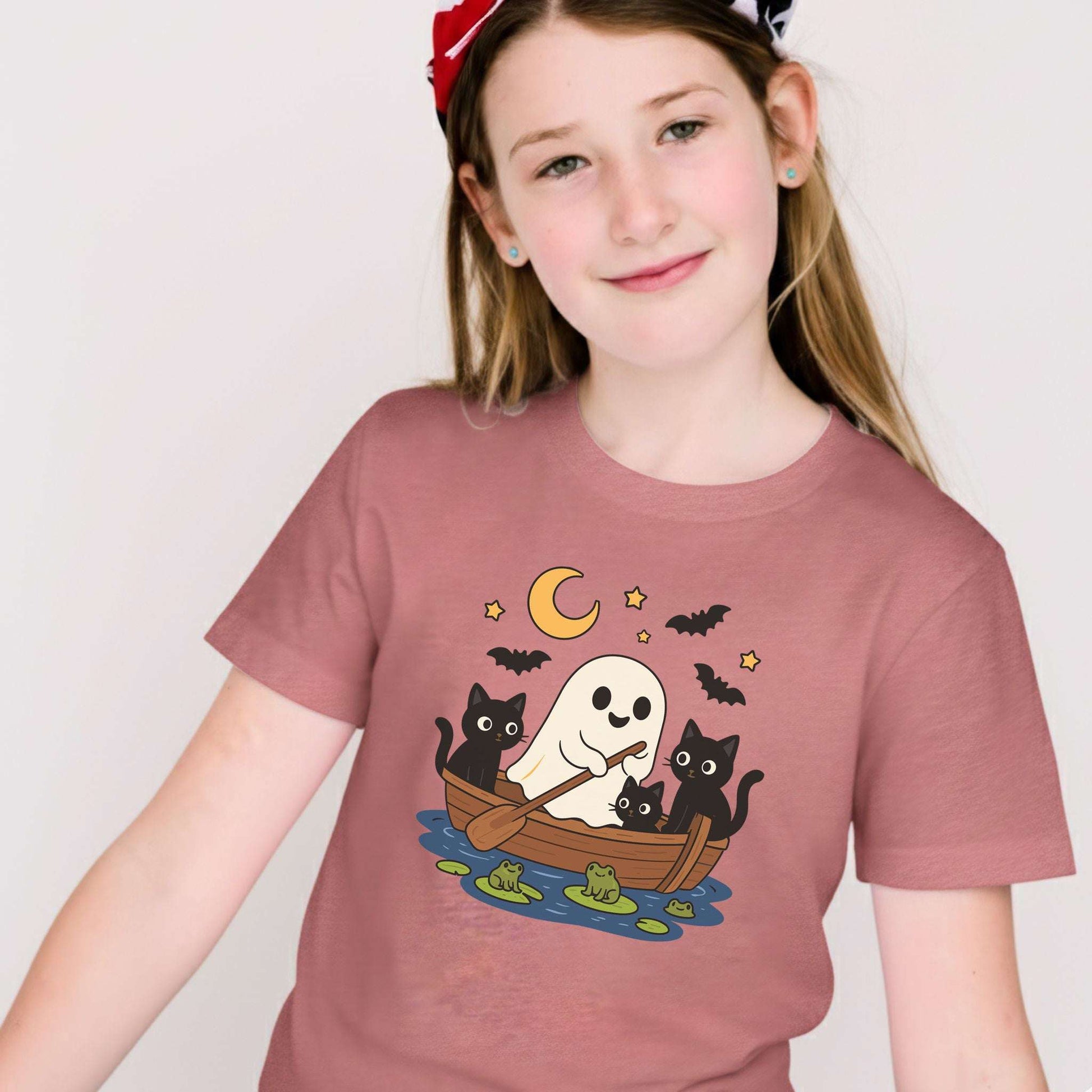 Haunted Lake Ghost & Cats Youth Tee – Spooky Frog Boat & Moonlight Mischief