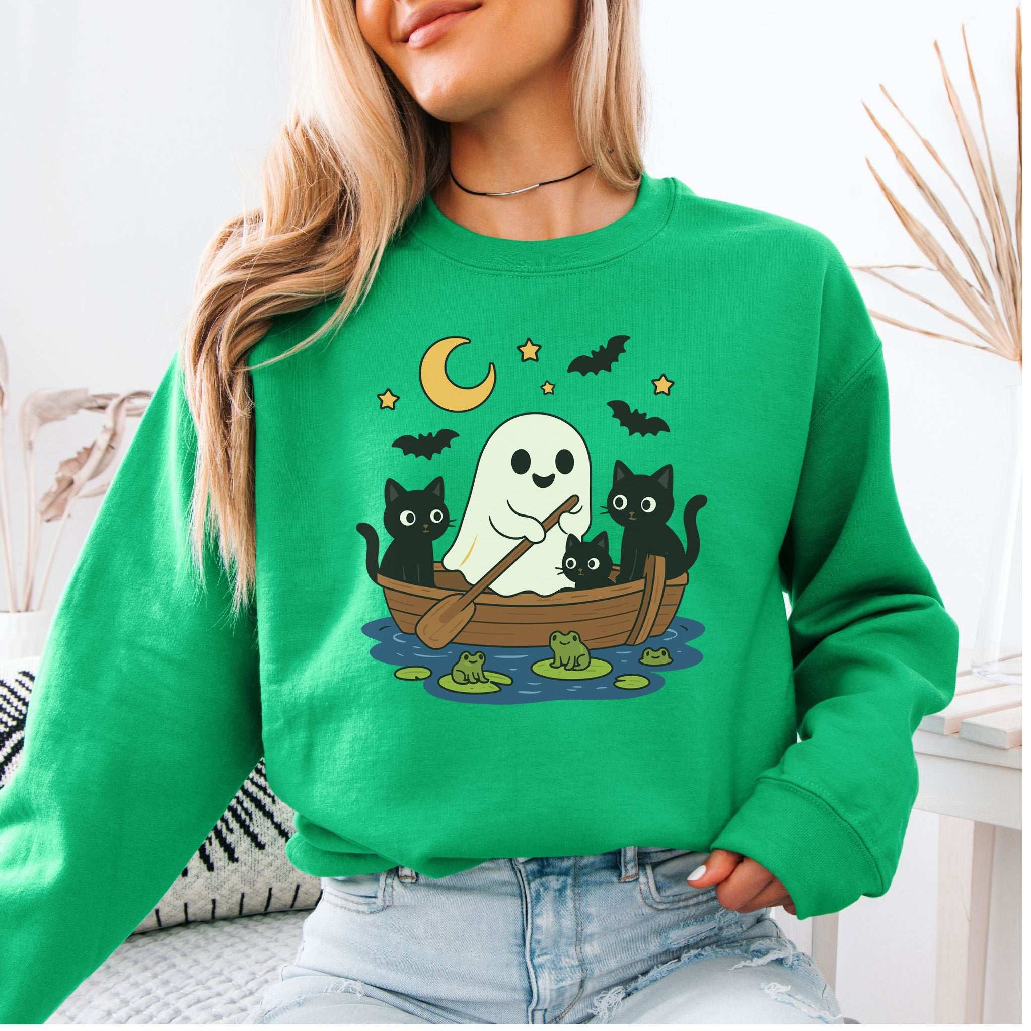 Haunted Lake Ghost & Cats Sweatshirt – Spooky Frogs & Moonlight Rowboat Vibes