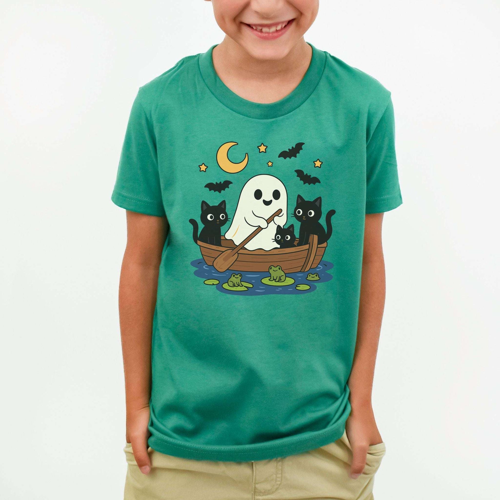 Haunted Lake Ghost & Cats Youth Tee – Spooky Frog Boat & Moonlight Mischief