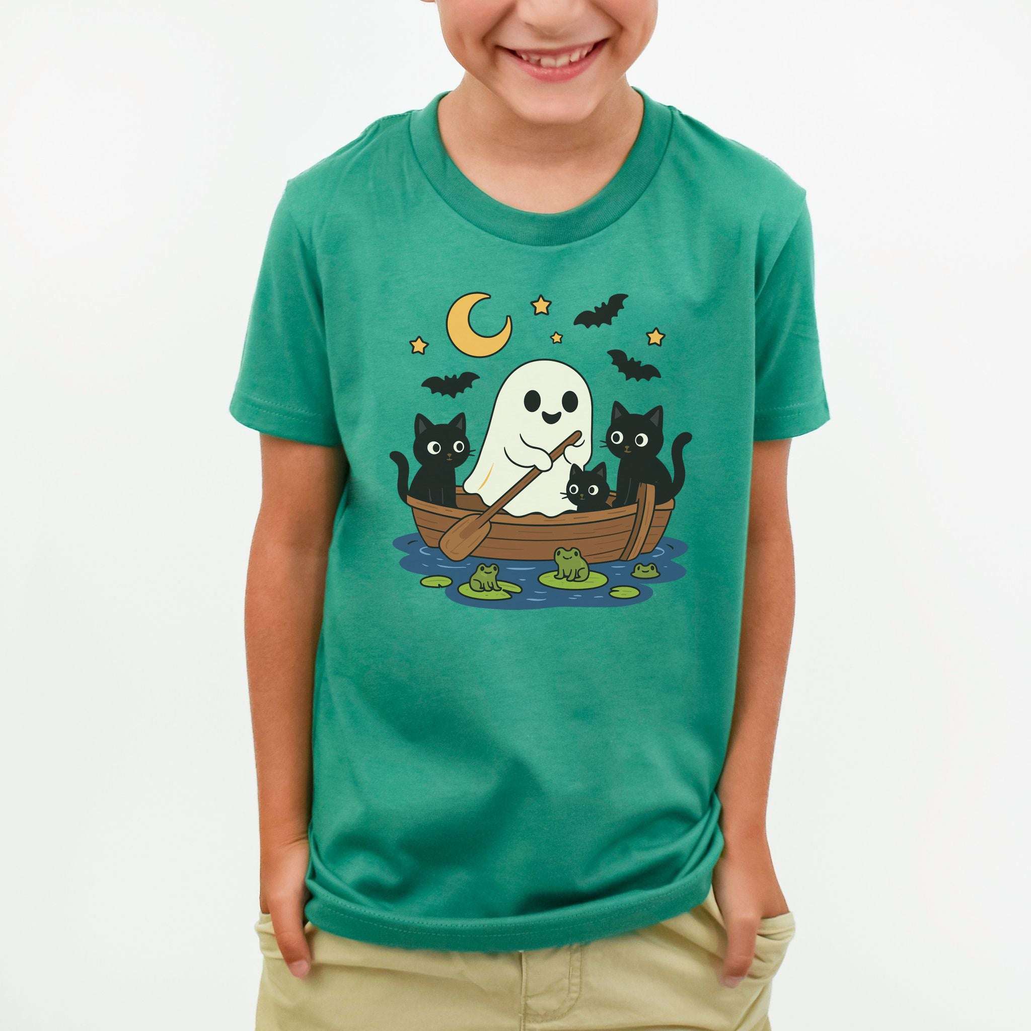 Haunted Lake Ghost & Cats Youth Tee – Spooky Frog Boat & Moonlight Mischief