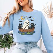 Haunted Lake Ghost & Cats Sweatshirt – Spooky Frogs & Moonlight Rowboat Vibes