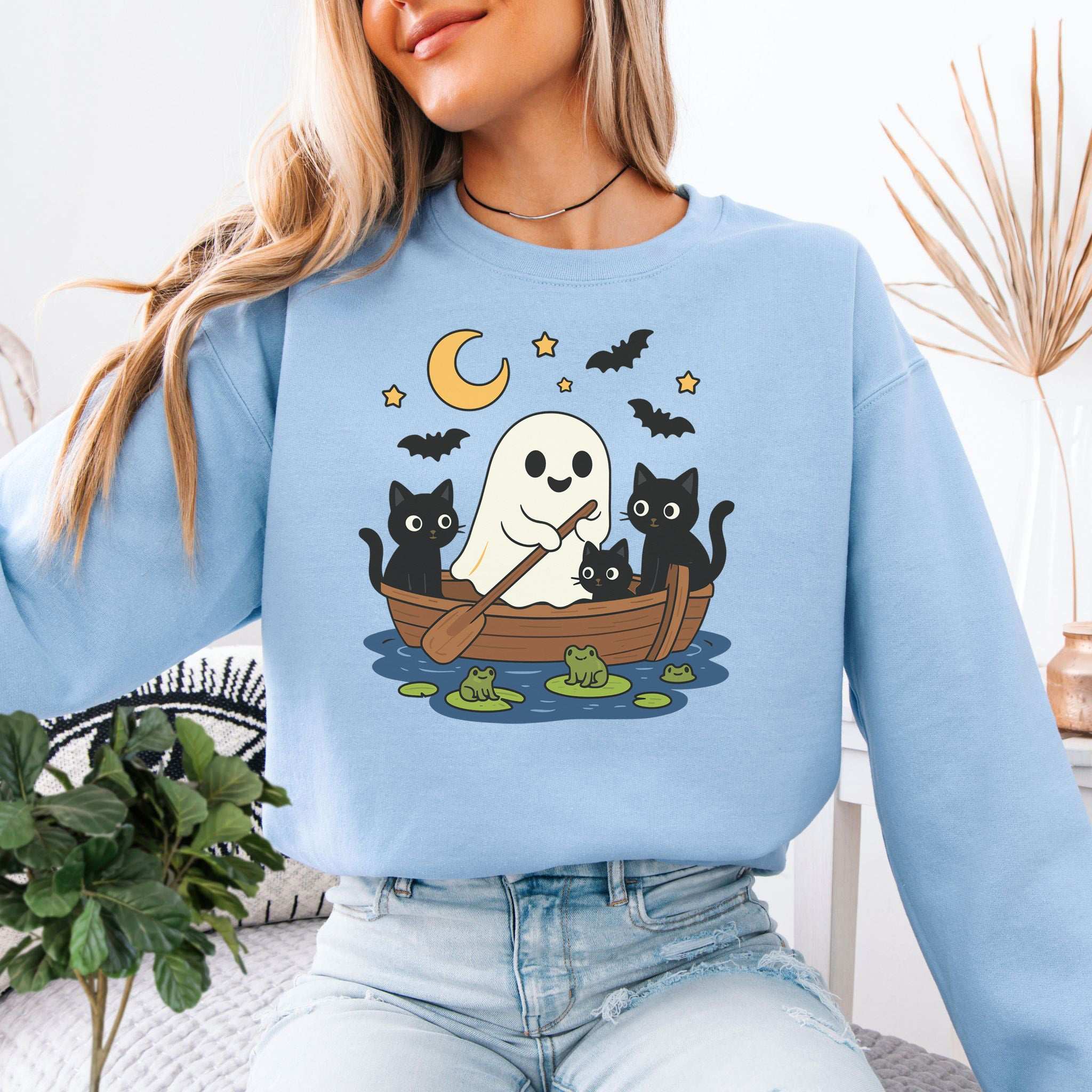 Haunted Lake Ghost & Cats Sweatshirt – Spooky Frogs & Moonlight Rowboat Vibes