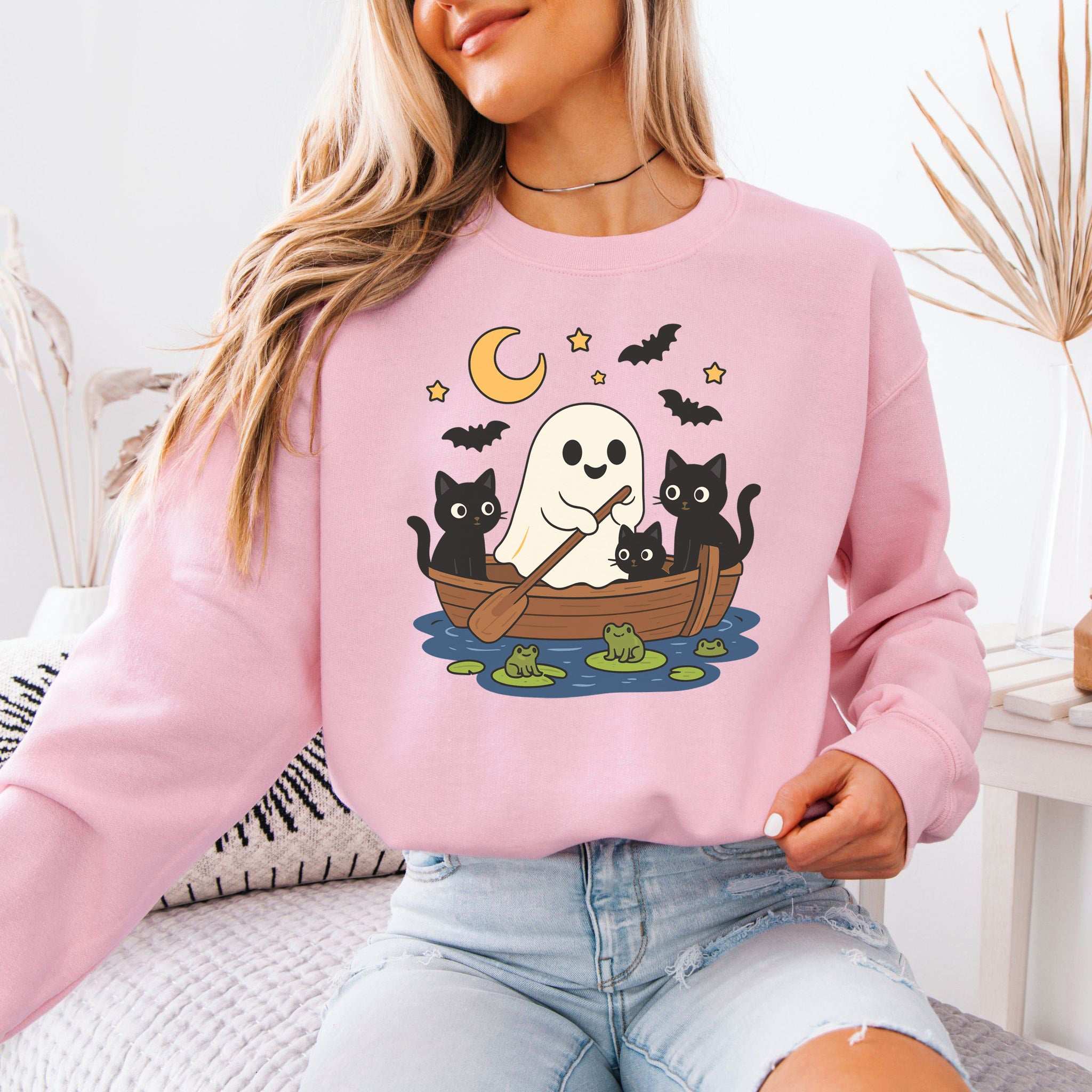 Haunted Lake Ghost & Cats Sweatshirt – Spooky Frogs & Moonlight Rowboat Vibes