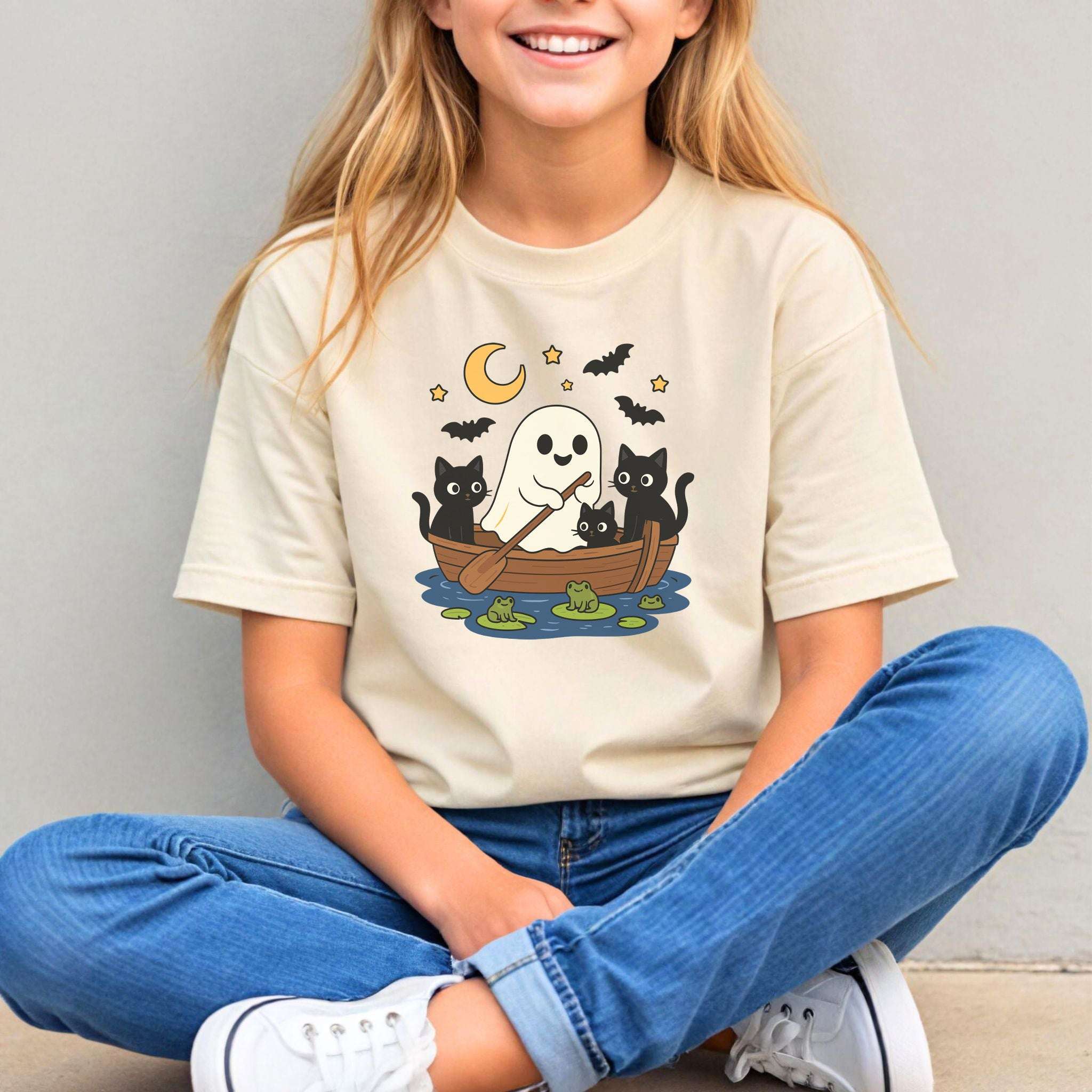 Haunted Lake Ghost & Cats Youth Tee – Spooky Frog Boat & Moonlight Mischief