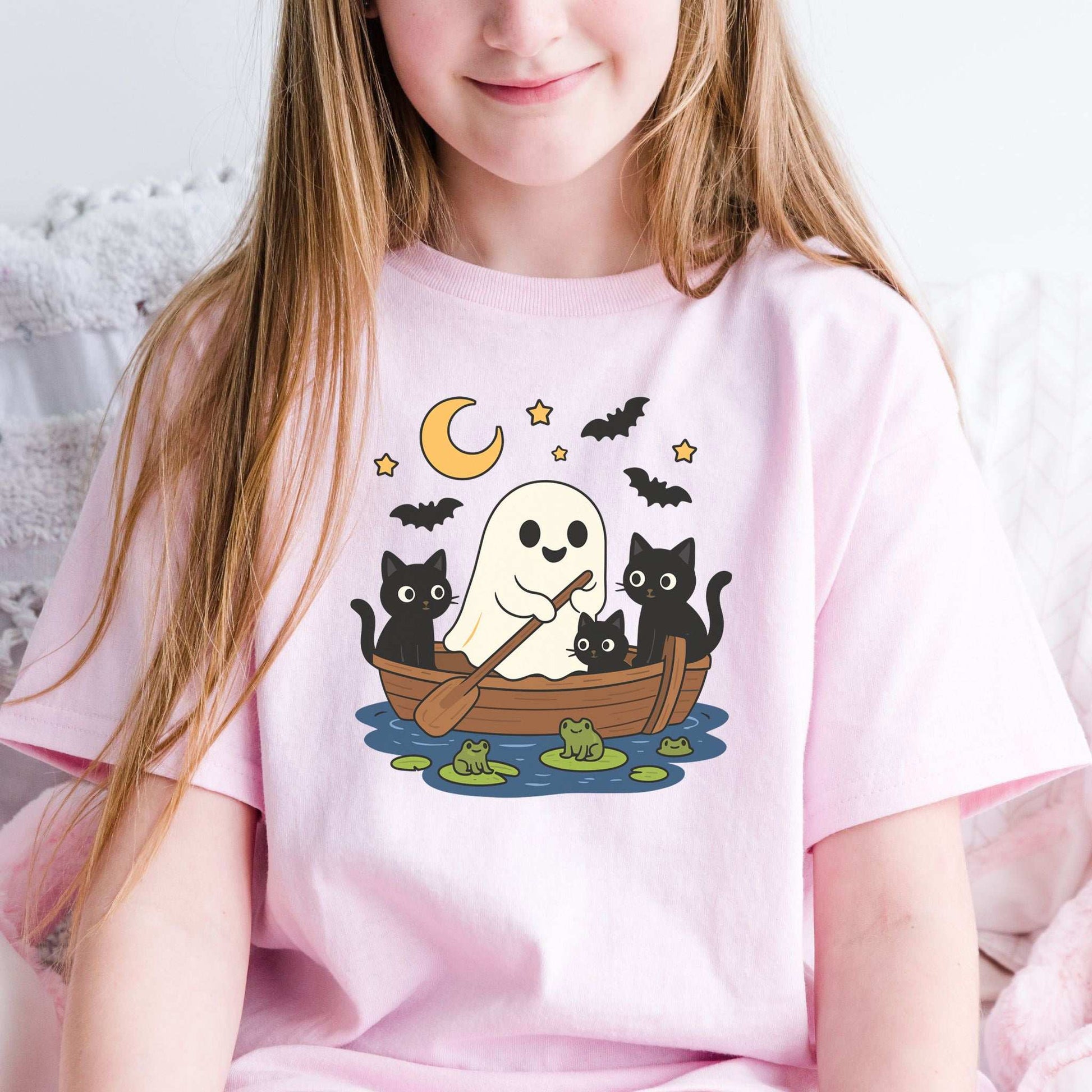 Haunted Lake Ghost & Cats Youth Tee – Spooky Frog Boat & Moonlight Mischief