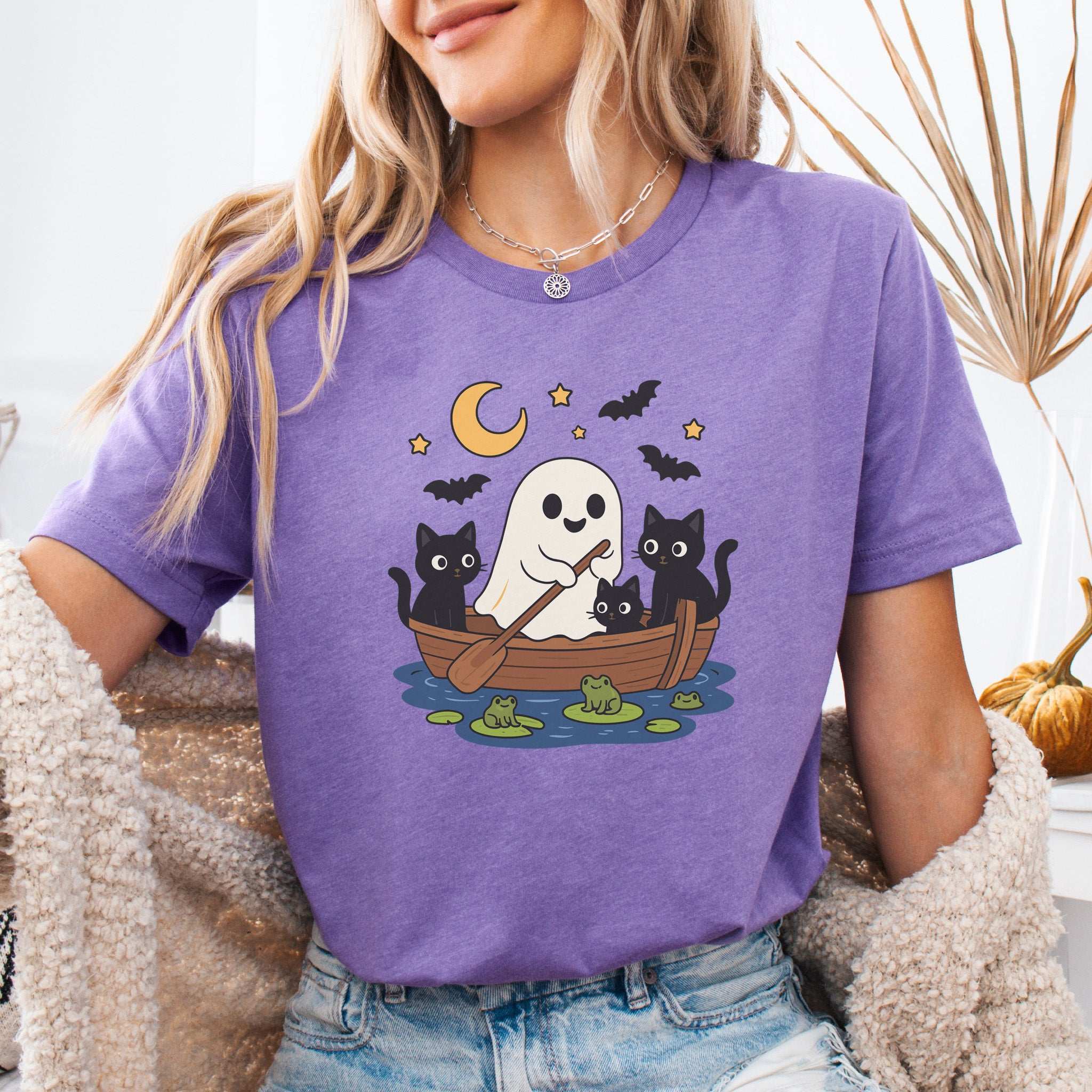 Haunted Lake Ghost & Cats T-Shirt – Spooky Frogs & Moonlight Rowboat Tee
