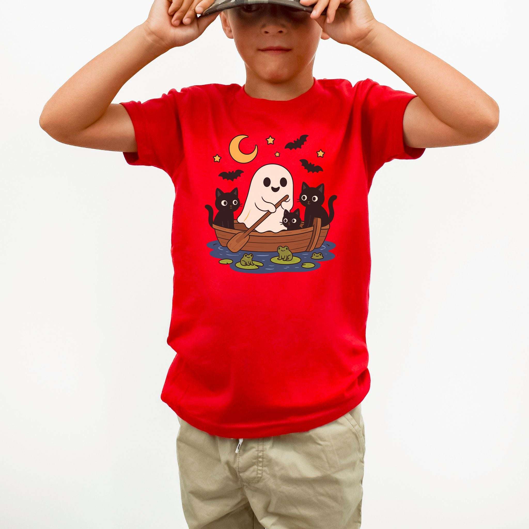 Haunted Lake Ghost & Cats Youth Tee – Spooky Frog Boat & Moonlight Mischief