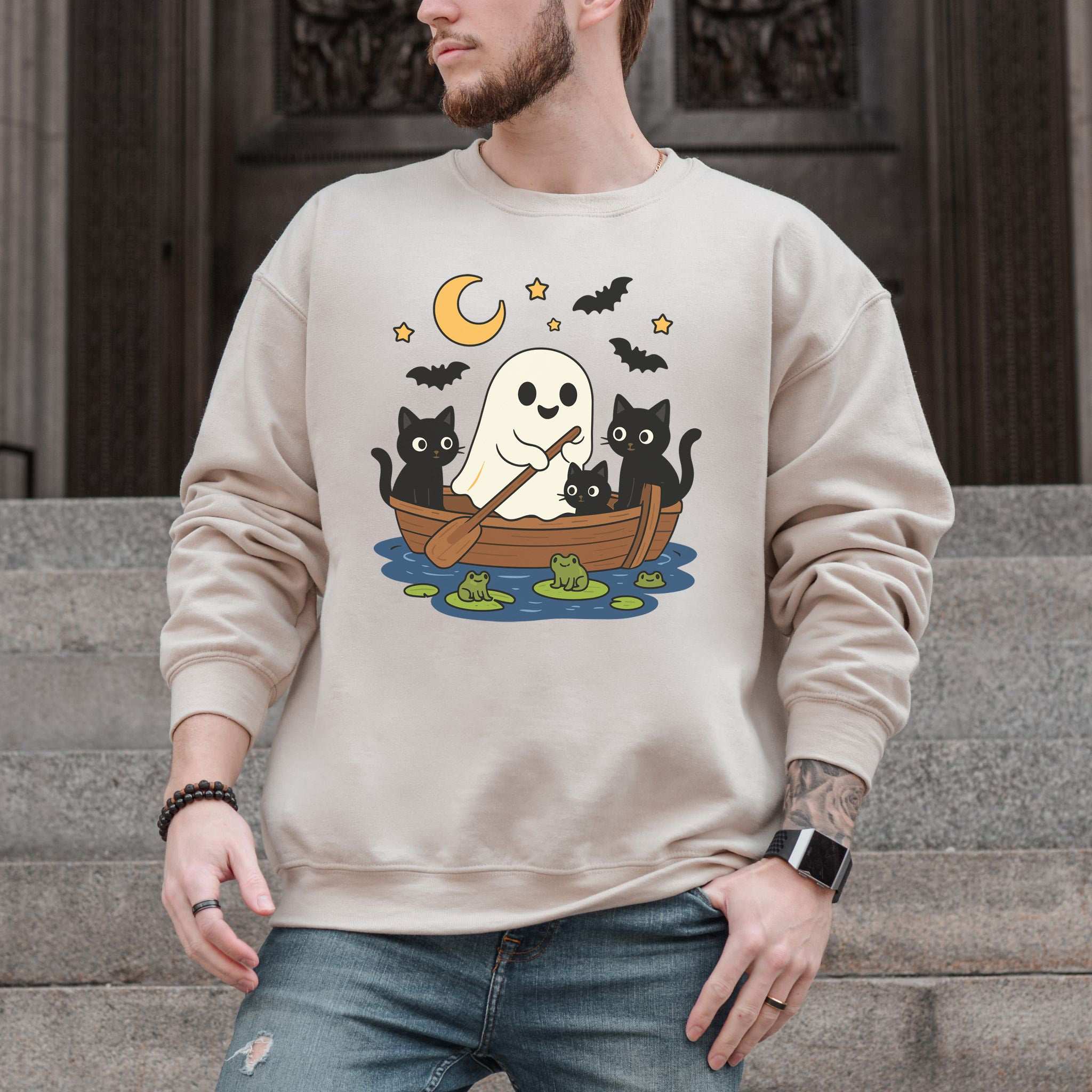 Haunted Lake Ghost & Cats Sweatshirt – Spooky Frogs & Moonlight Rowboat Vibes