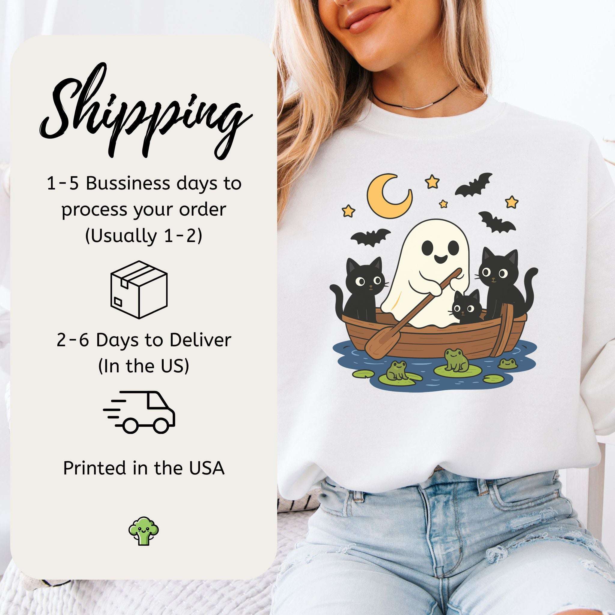 Haunted Lake Ghost & Cats Sweatshirt – Spooky Frogs & Moonlight Rowboat Vibes