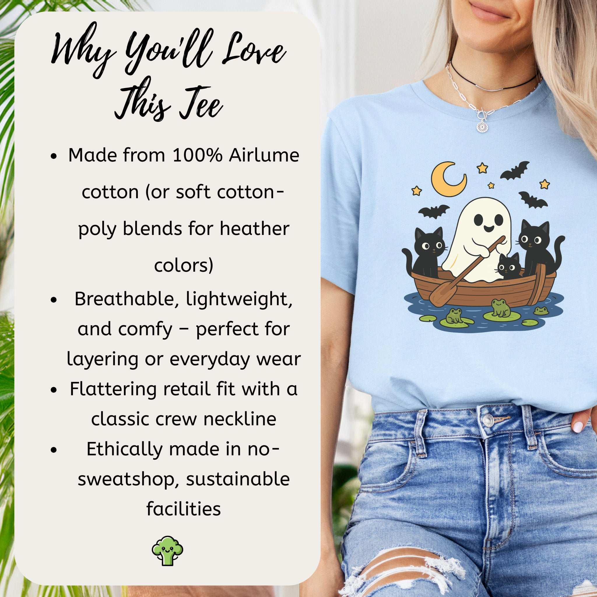 Haunted Lake Ghost & Cats T-Shirt – Spooky Frogs & Moonlight Rowboat Tee