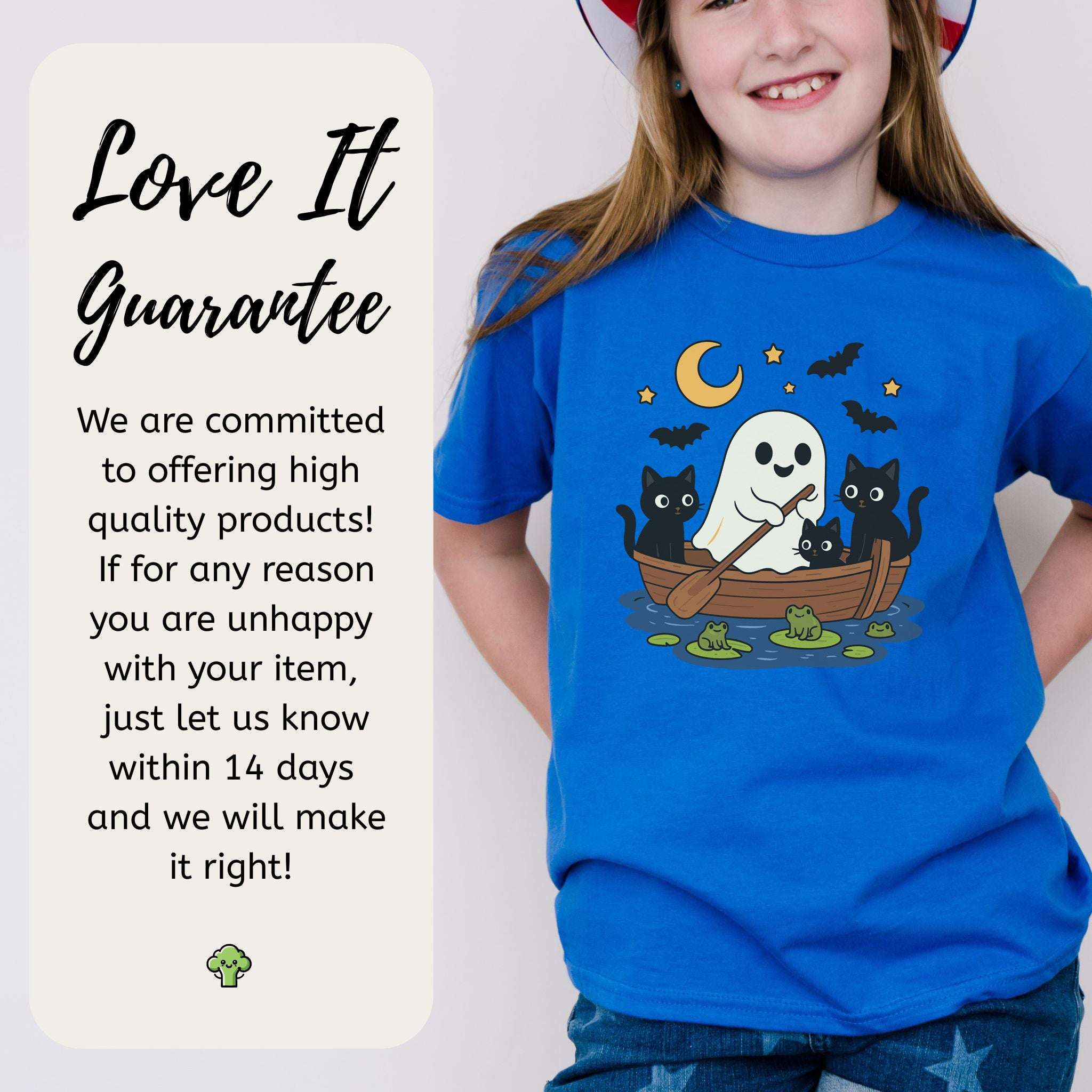 Haunted Lake Ghost & Cats Youth Tee – Spooky Frog Boat & Moonlight Mischief