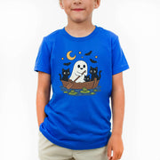 Haunted Lake Ghost & Cats Youth Tee – Spooky Frog Boat & Moonlight Mischief