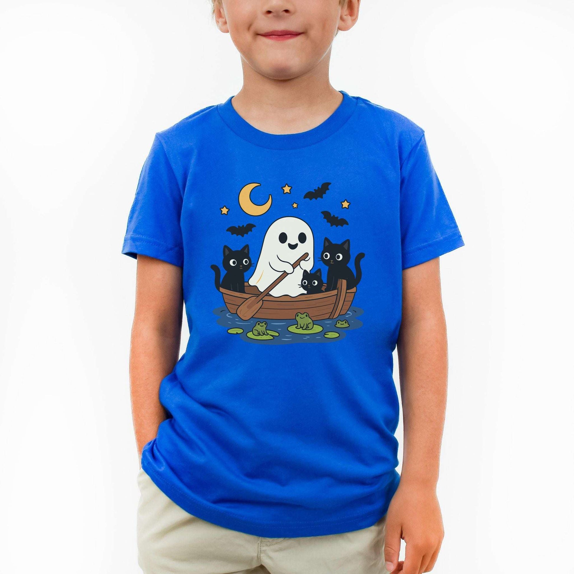 Haunted Lake Ghost & Cats Youth Tee – Spooky Frog Boat & Moonlight Mischief
