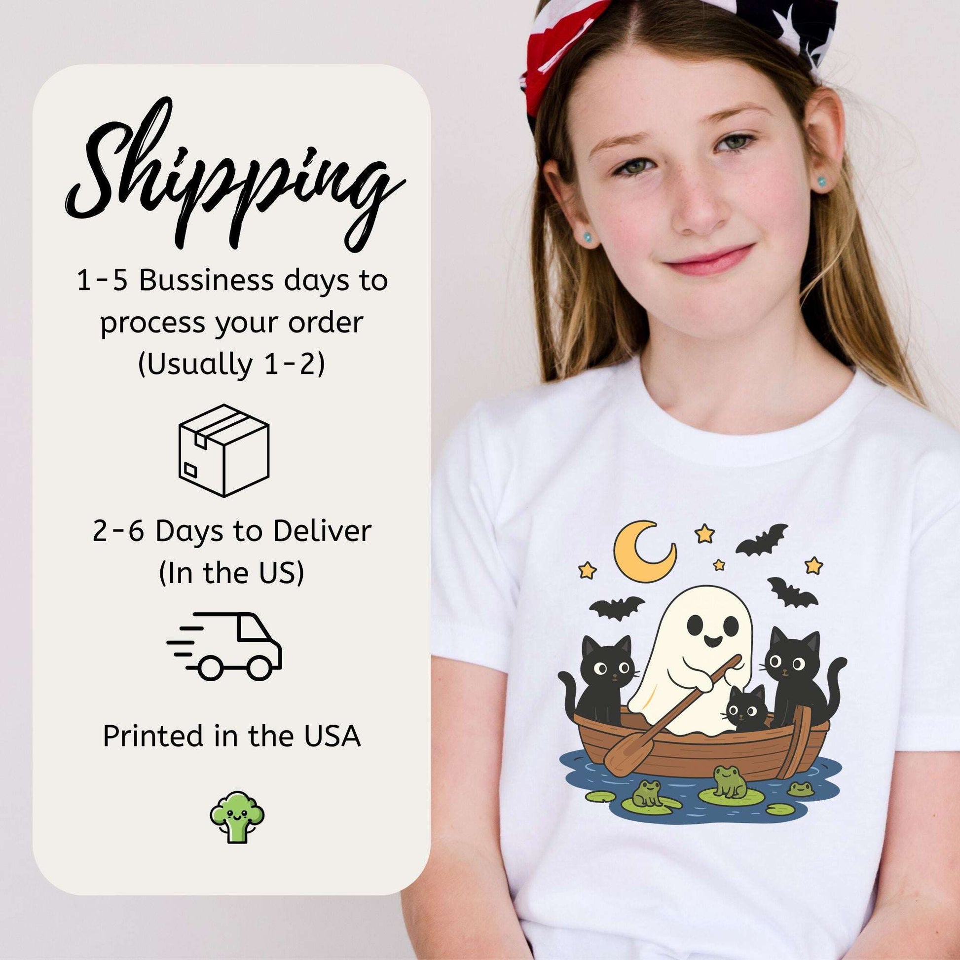 Haunted Lake Ghost & Cats Youth Tee – Spooky Frog Boat & Moonlight Mischief