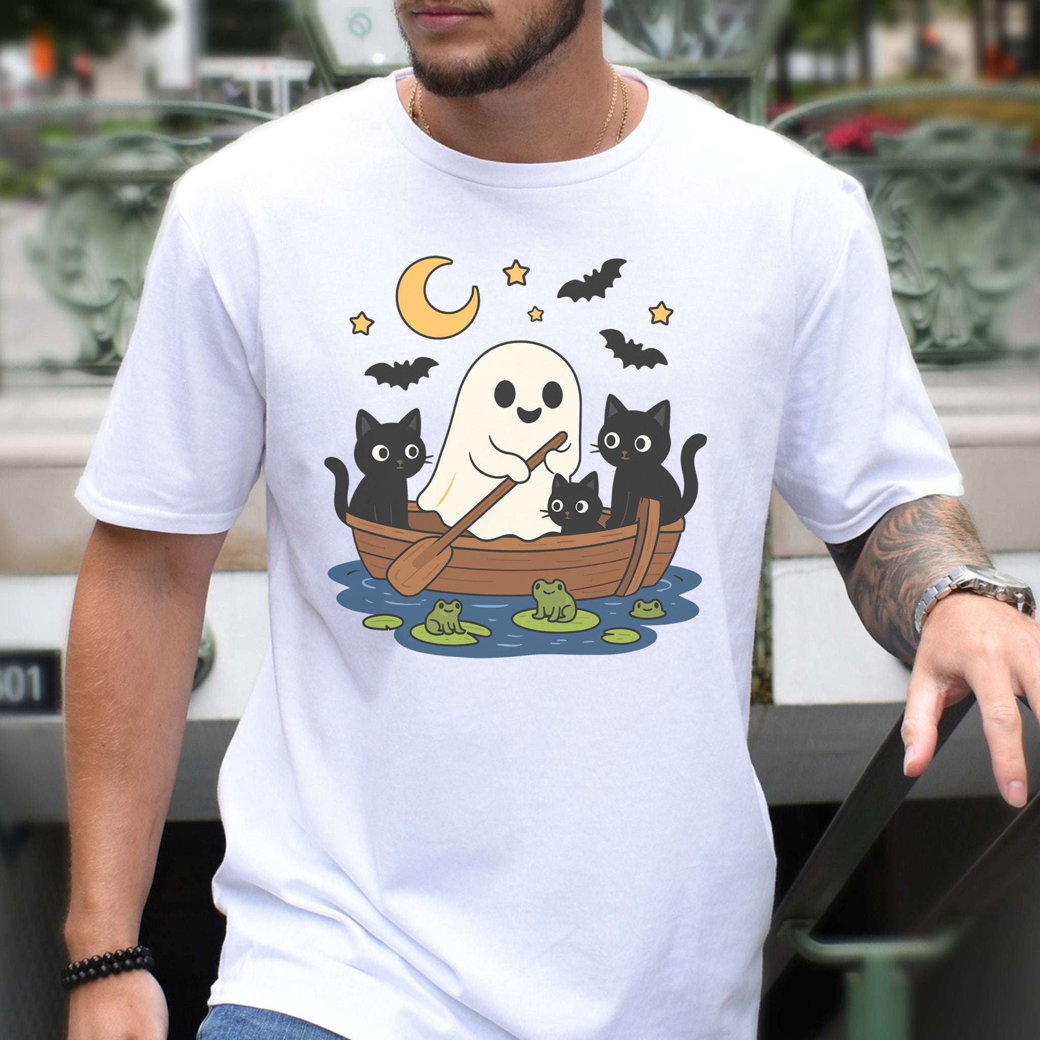Haunted Lake Ghost & Cats T-Shirt – Spooky Frogs & Moonlight Rowboat Tee