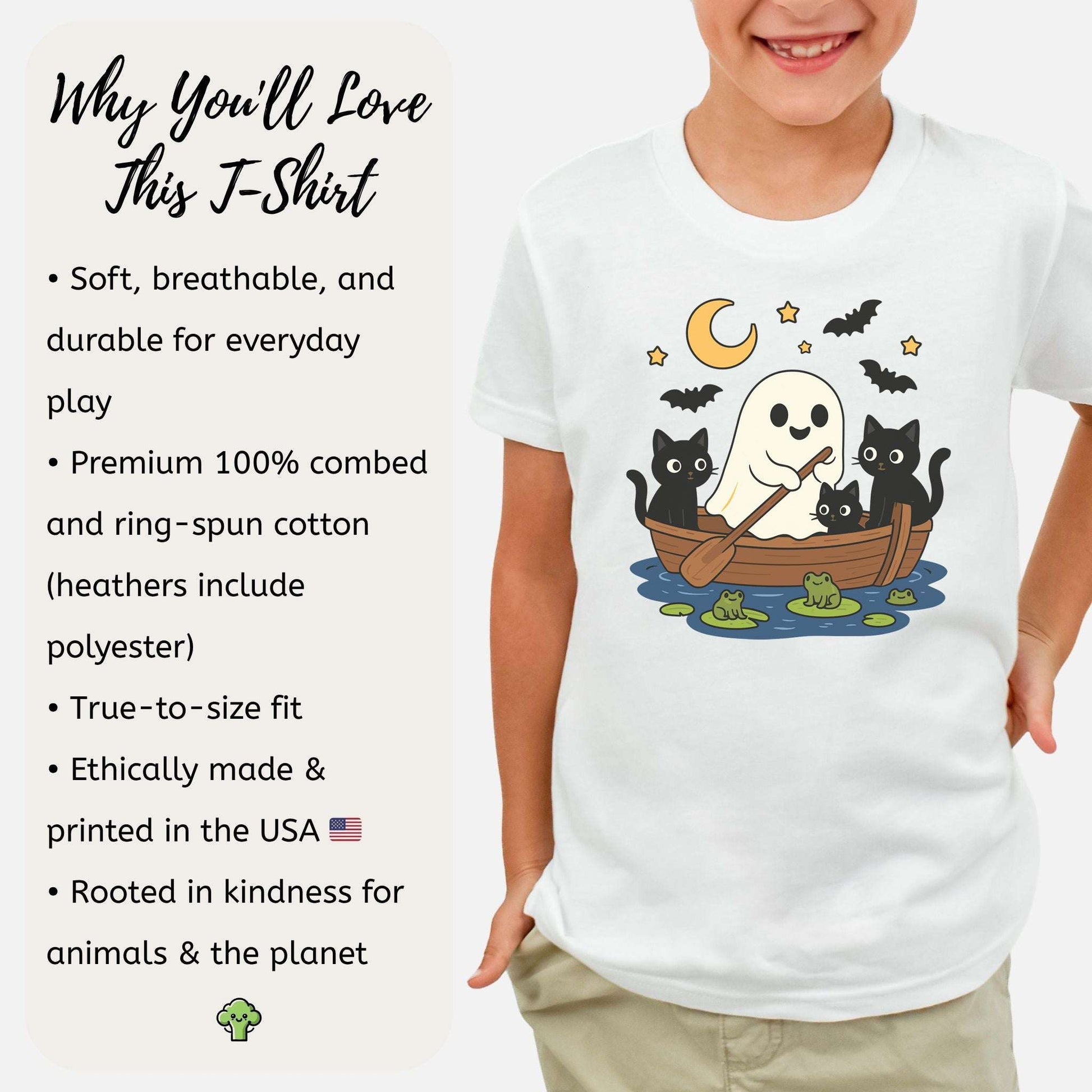 Haunted Lake Ghost & Cats Youth Tee – Spooky Frog Boat & Moonlight Mischief