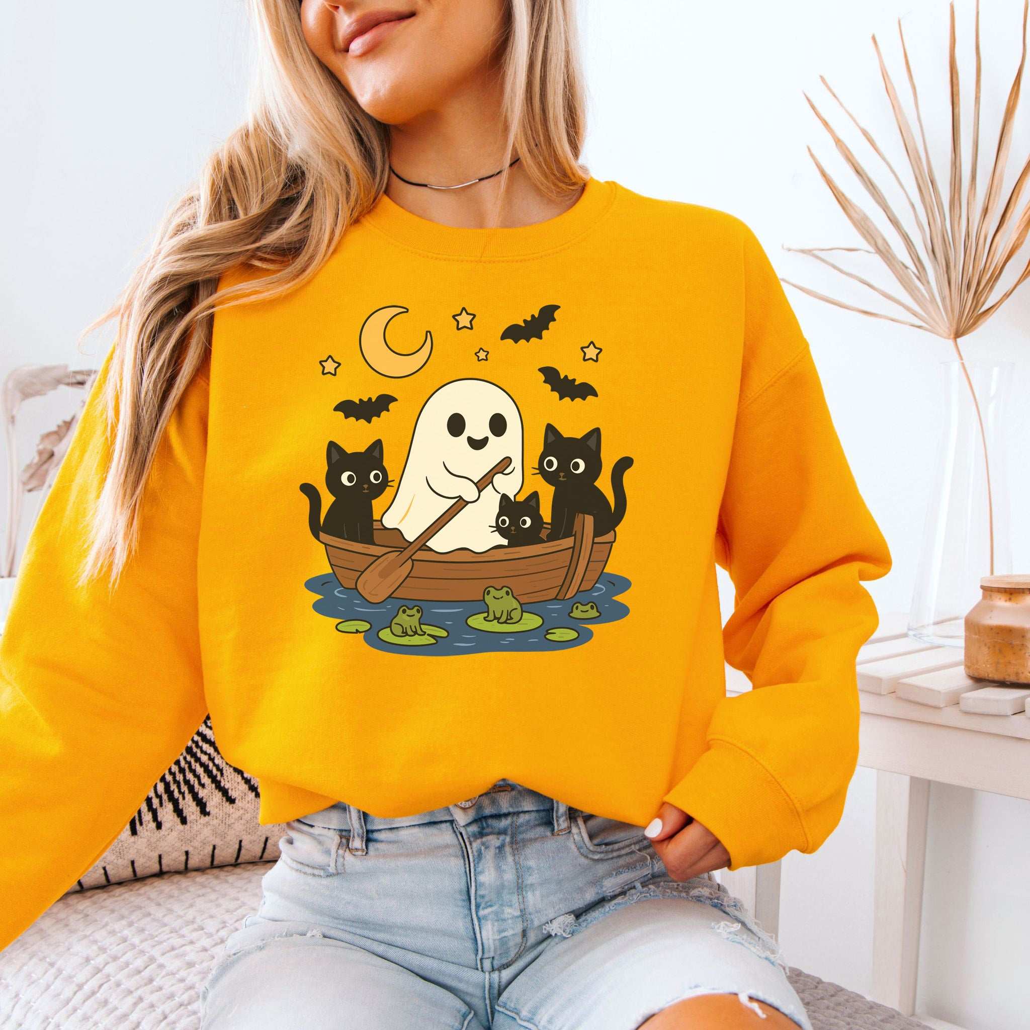 Haunted Lake Ghost & Cats Sweatshirt – Spooky Frogs & Moonlight Rowboat Vibes