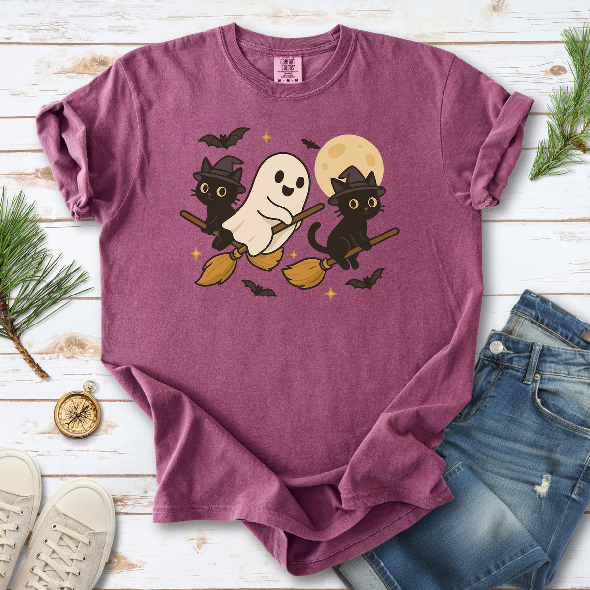 Witchy Ghost & Black Cats Comfort Colors Shirt – Moonlit Broomstick Mischief Tee