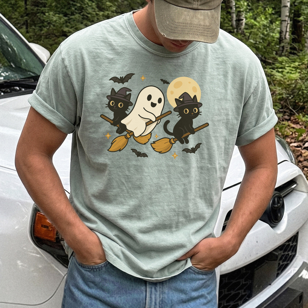 Witchy Ghost & Black Cats Comfort Colors Shirt – Moonlit Broomstick Mischief Tee