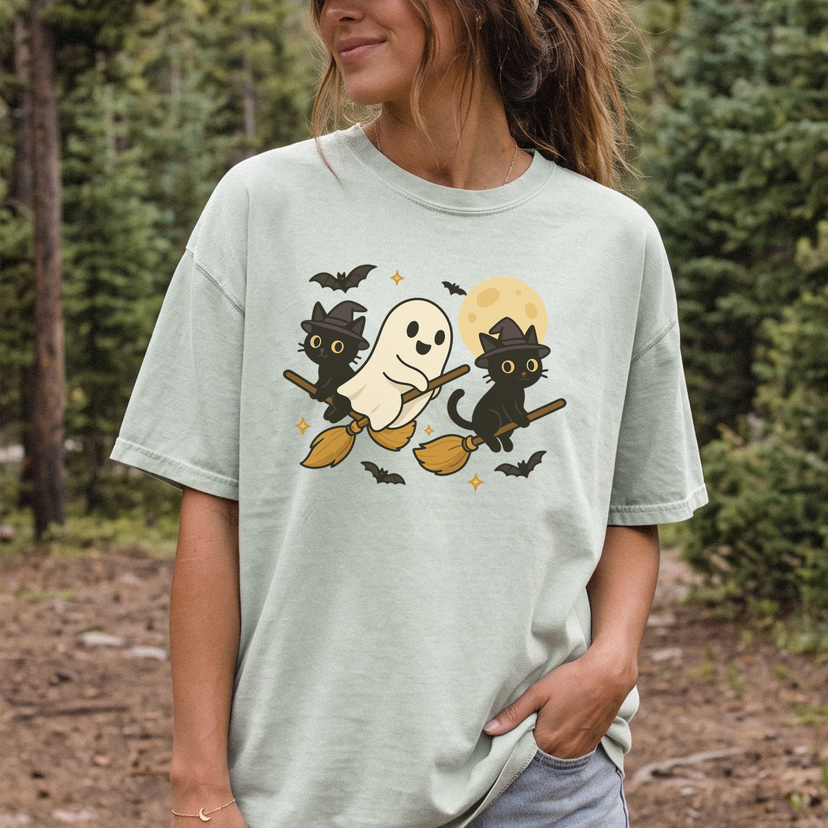 Witchy Ghost & Black Cats Comfort Colors Shirt – Moonlit Broomstick Mischief Tee