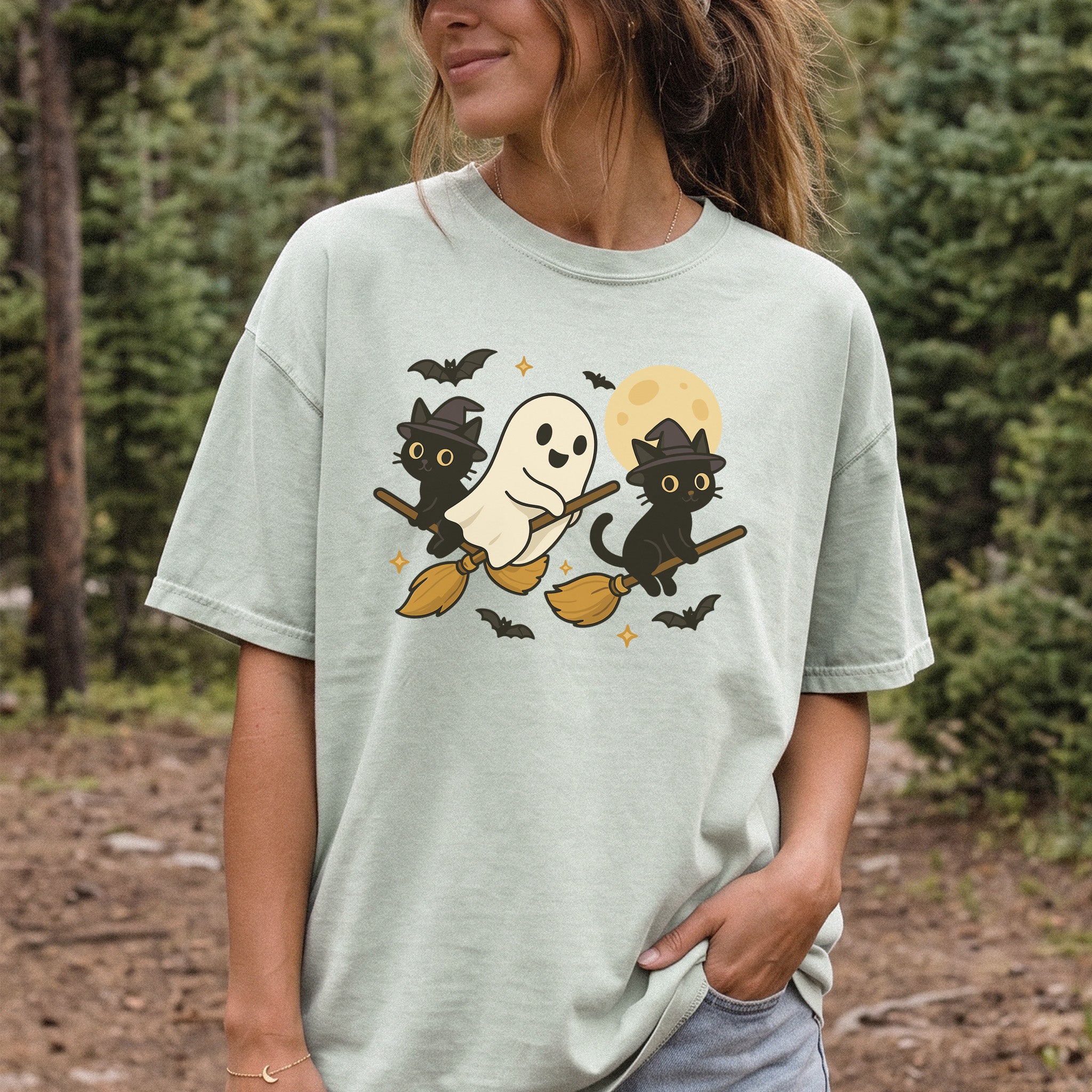 Witchy Ghost & Black Cats Comfort Colors Shirt – Moonlit Broomstick Mischief Tee