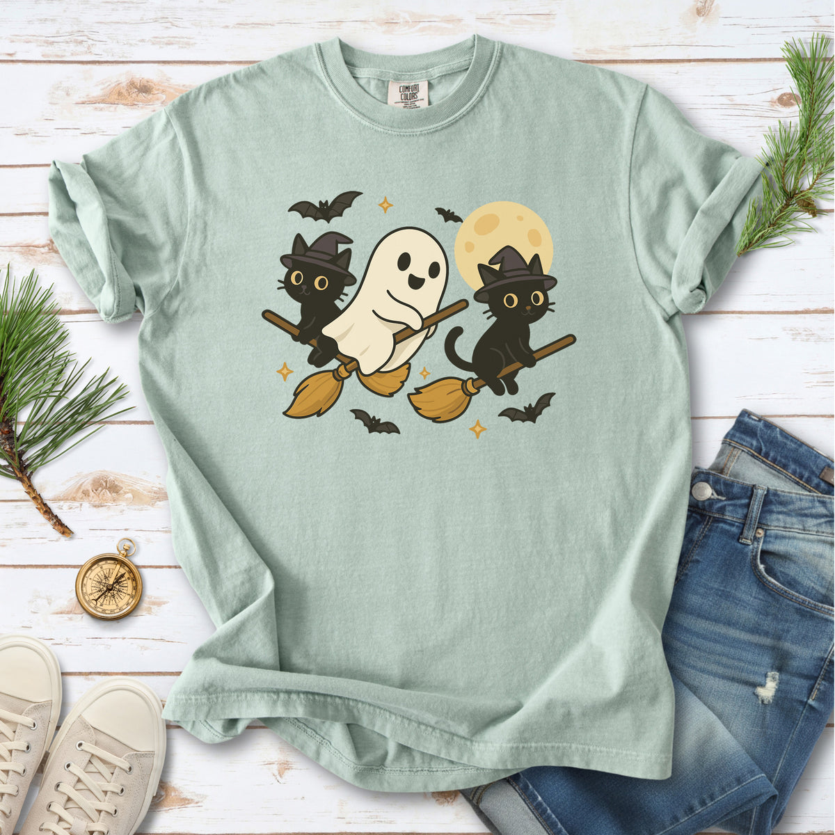 Witchy Ghost & Black Cats Comfort Colors Shirt – Moonlit Broomstick Mischief Tee