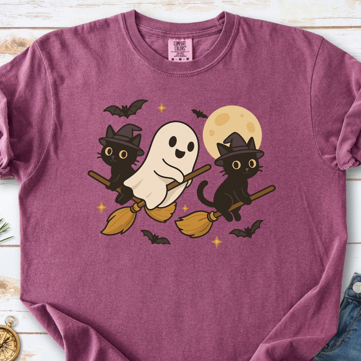 Witchy Ghost & Black Cats Comfort Colors Shirt – Moonlit Broomstick Mischief Tee