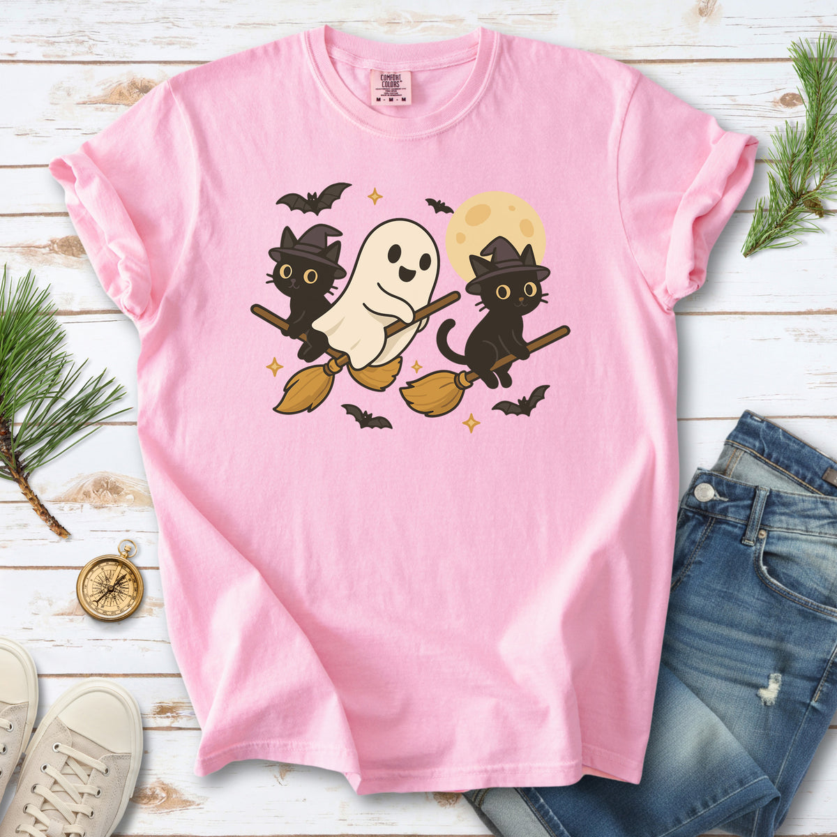 Witchy Ghost & Black Cats Comfort Colors Shirt – Moonlit Broomstick Mischief Tee
